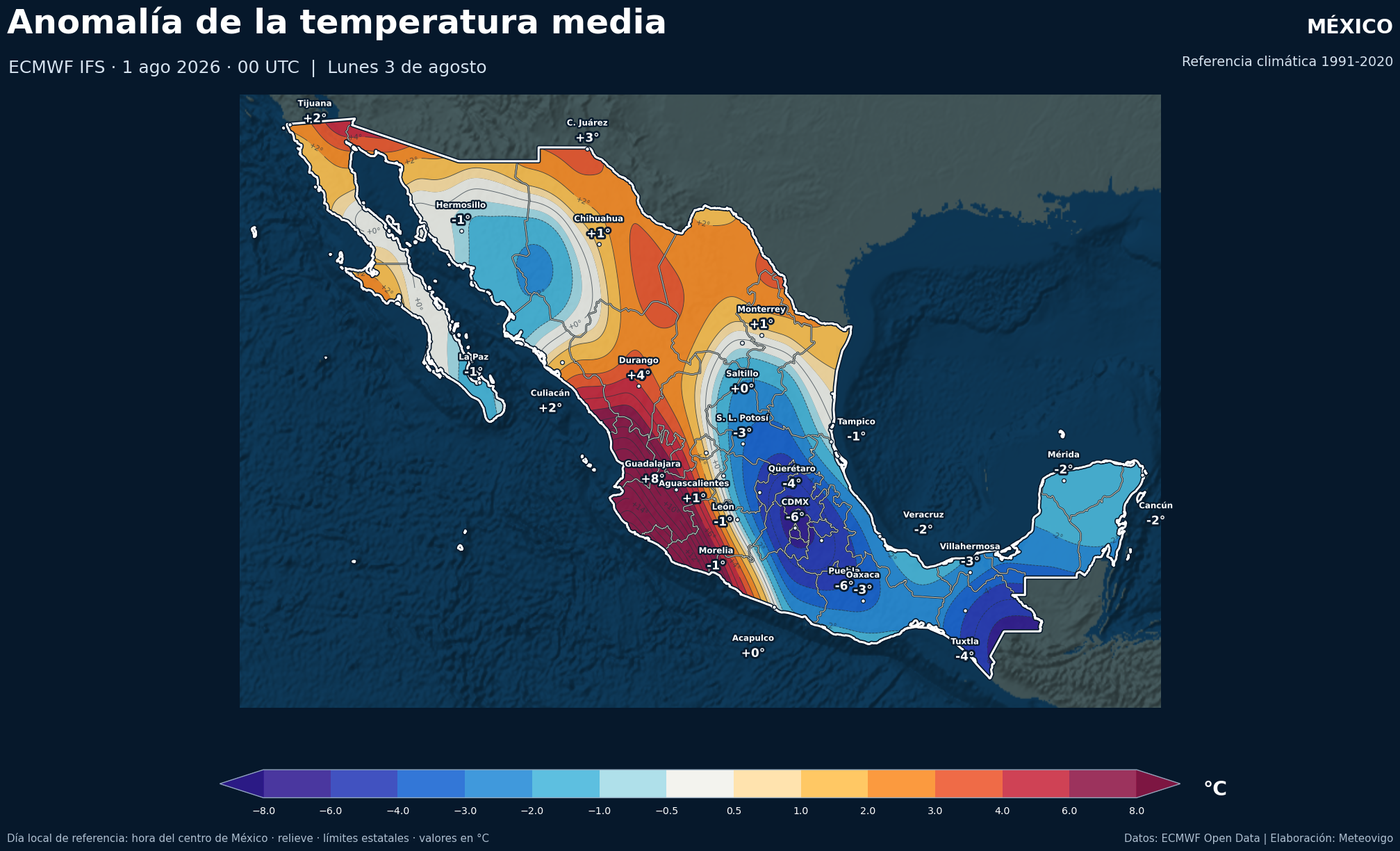 Anomal&iacute;as de la temperatura media respecto a 1991-2020 en M&eacute;xico para el lunes 3 de agosto de 2026