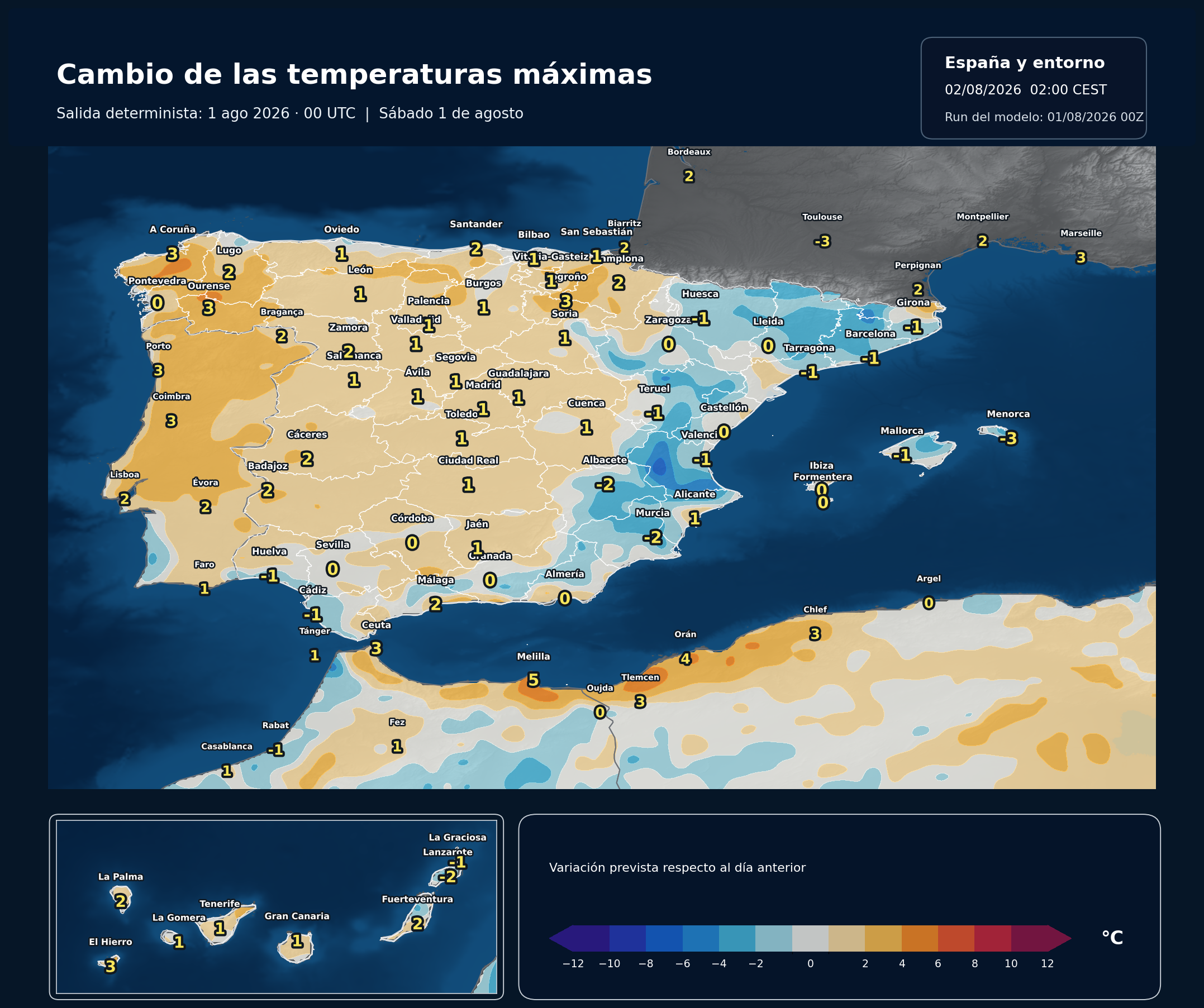 Cambio de las temperaturas máximas en España para el sábado 1 de agosto de 2026