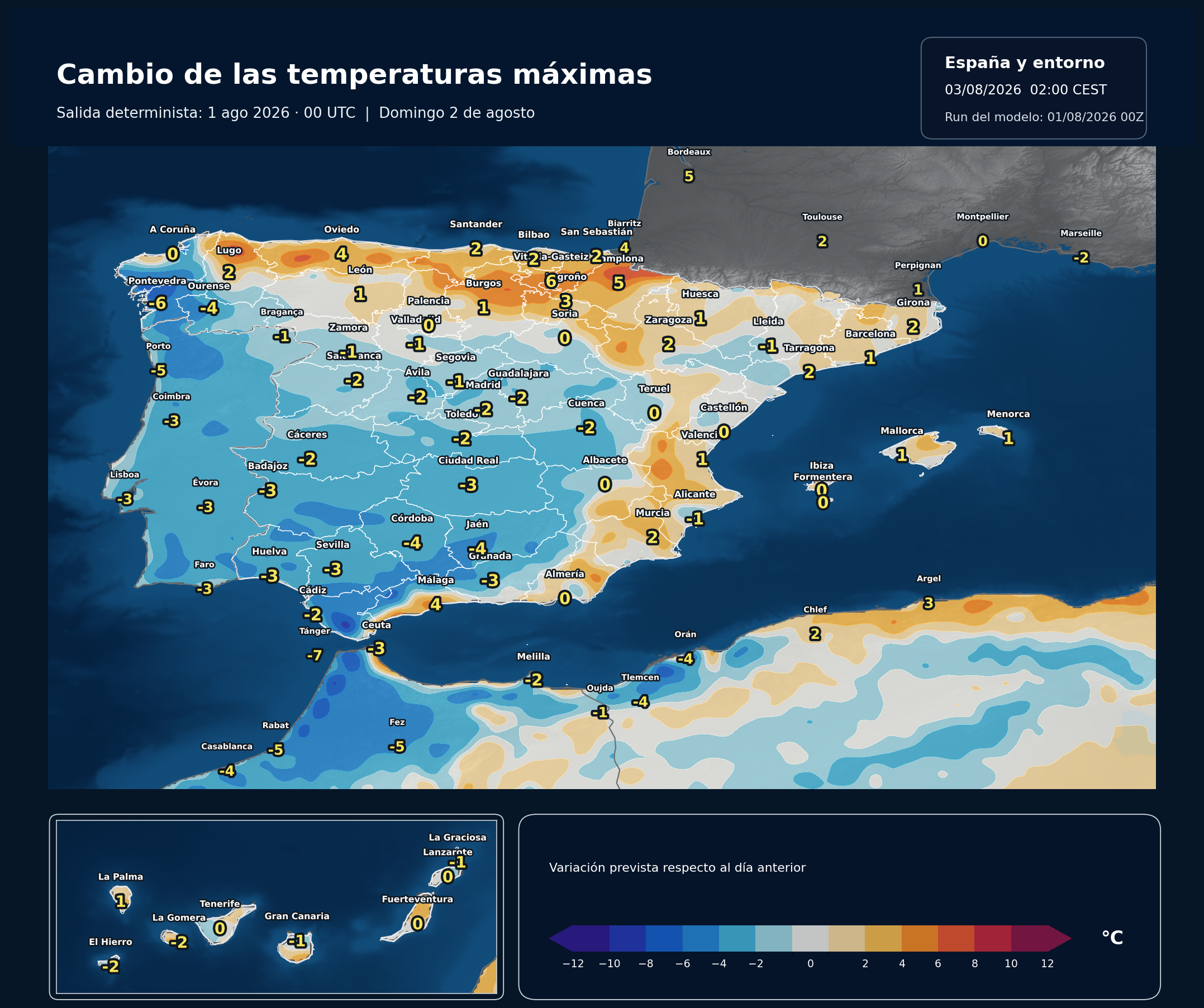 Cambio de las temperaturas máximas en España para el domingo 2 de agosto de 2026