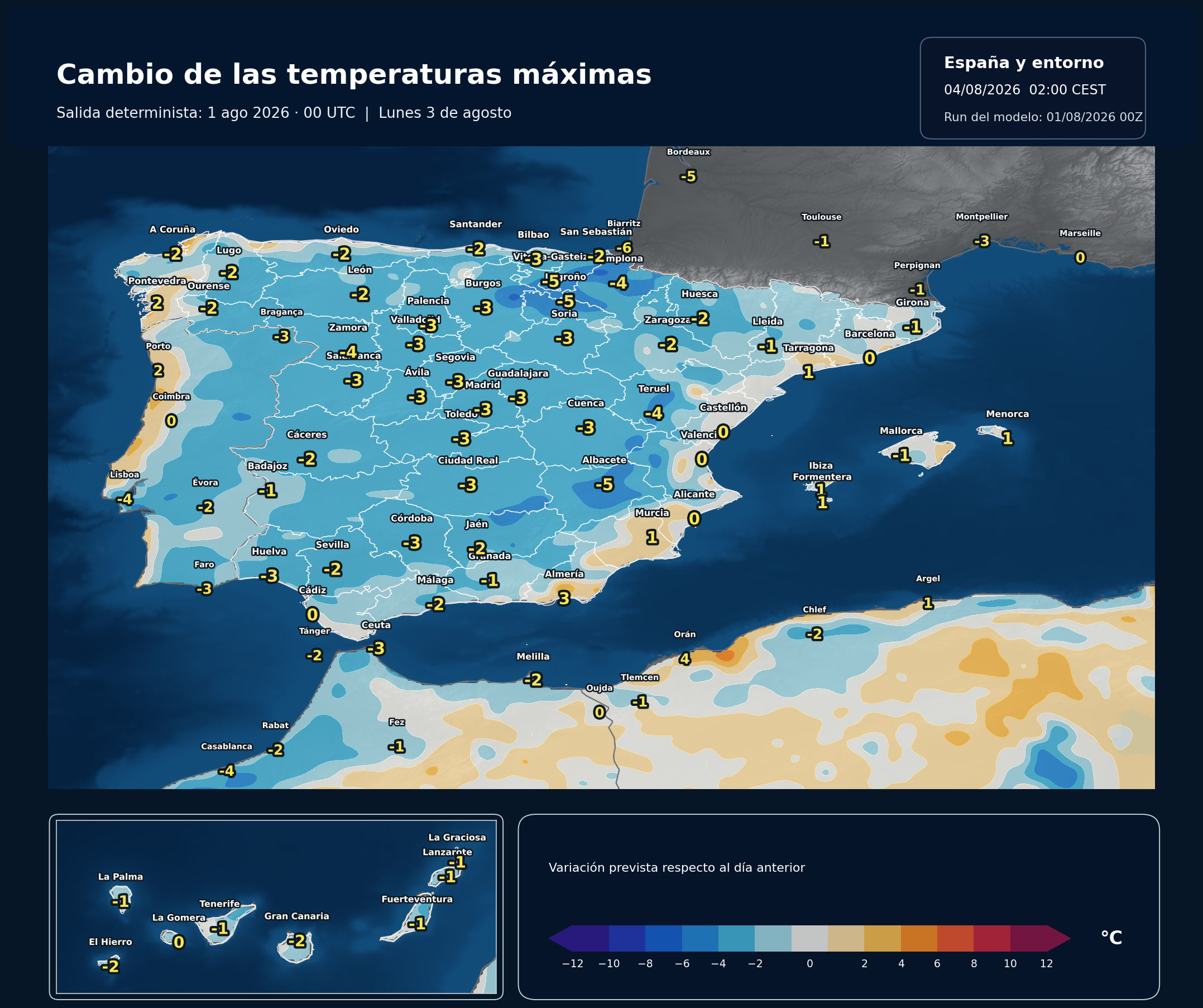 Cambio de las temperaturas máximas en España para el lunes 3 de agosto de 2026
