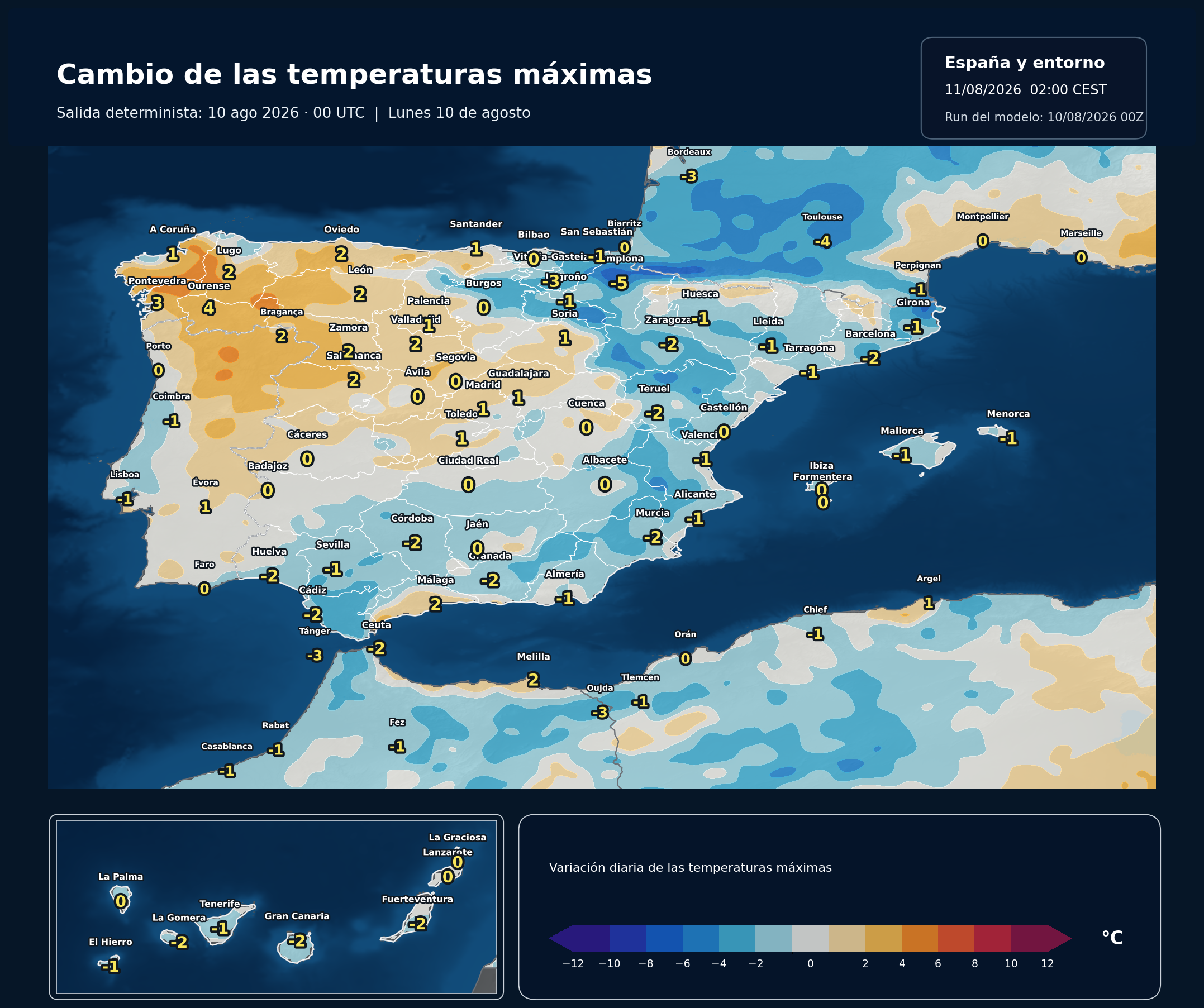 Cambio de las temperaturas m&aacute;ximas en Espa&ntilde;a para el lunes 10 de agosto seg&uacute;n el modelo europeo