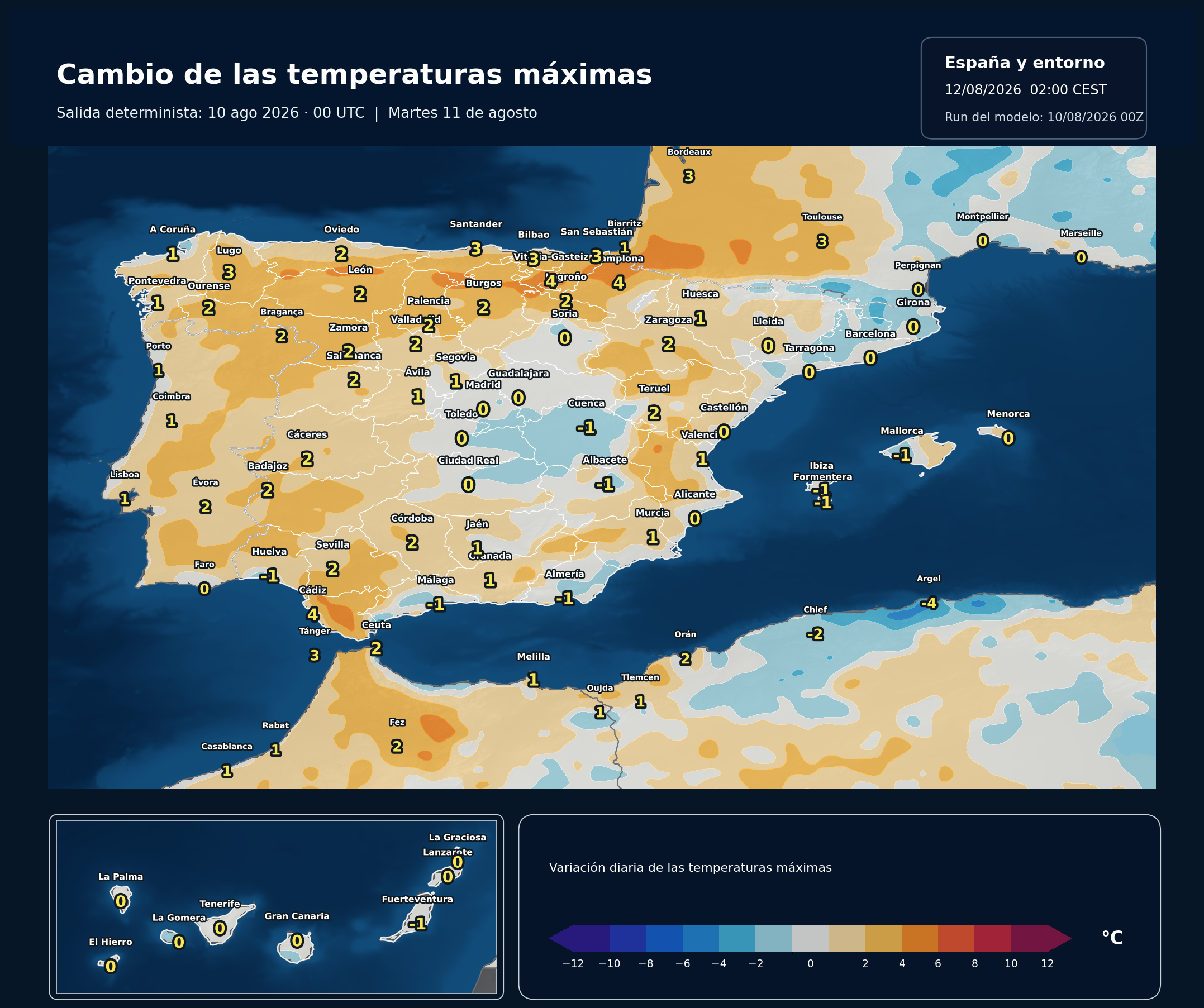 Cambio de las temperaturas m&aacute;ximas en Espa&ntilde;a para el martes 11 de agosto seg&uacute;n el modelo europeo