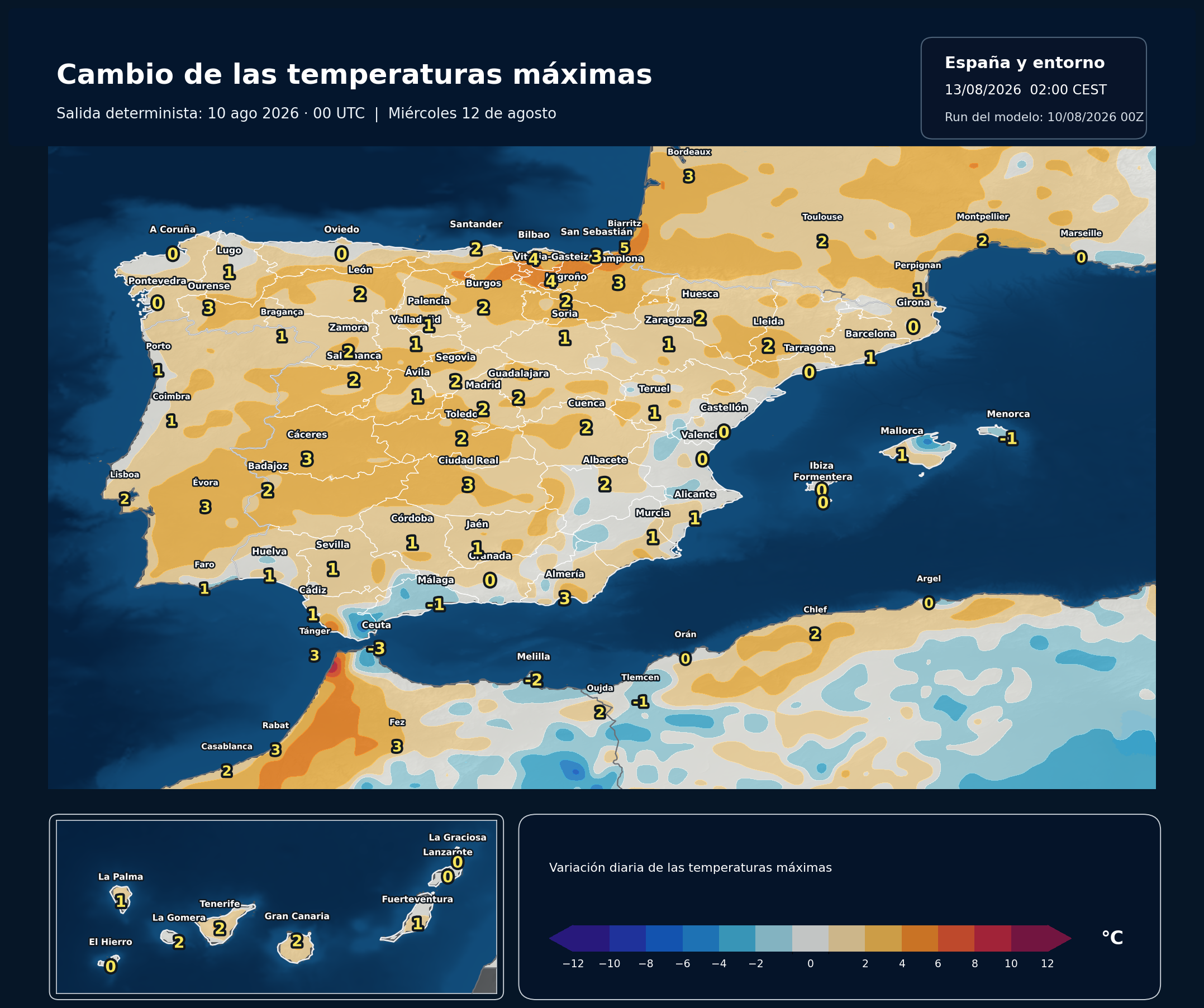 Cambio de las temperaturas m&aacute;ximas en Espa&ntilde;a para el mi&eacute;rcoles 12 de agosto seg&uacute;n el modelo europeo