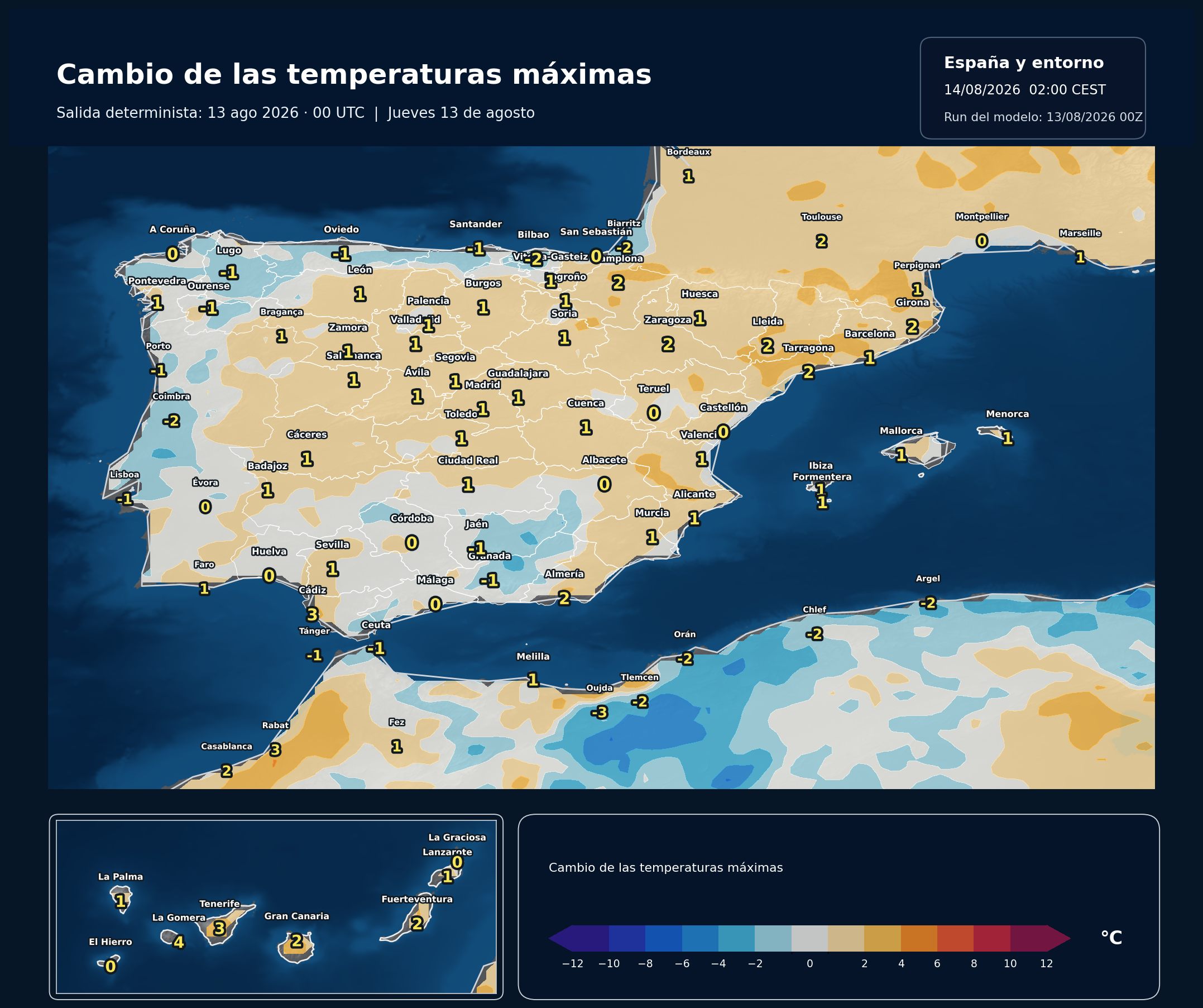 Cambio de las temperaturas máximas en España para el jueves 13 de agosto