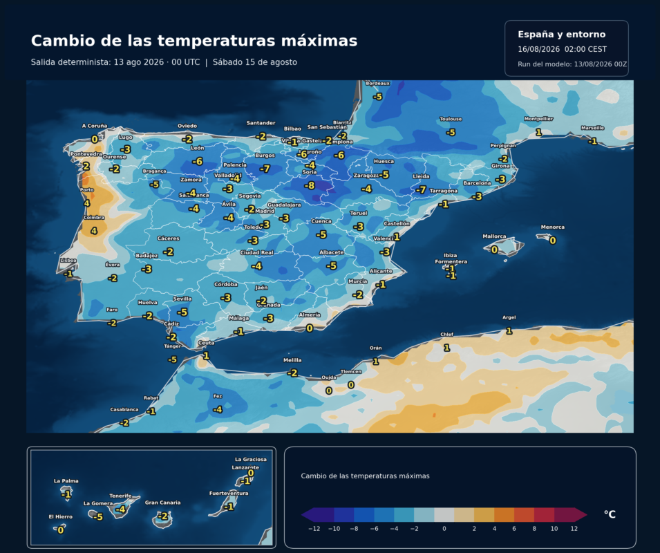 Cambio de las temperaturas máximas en España para el sábado 15 de agosto según el modelo europeo