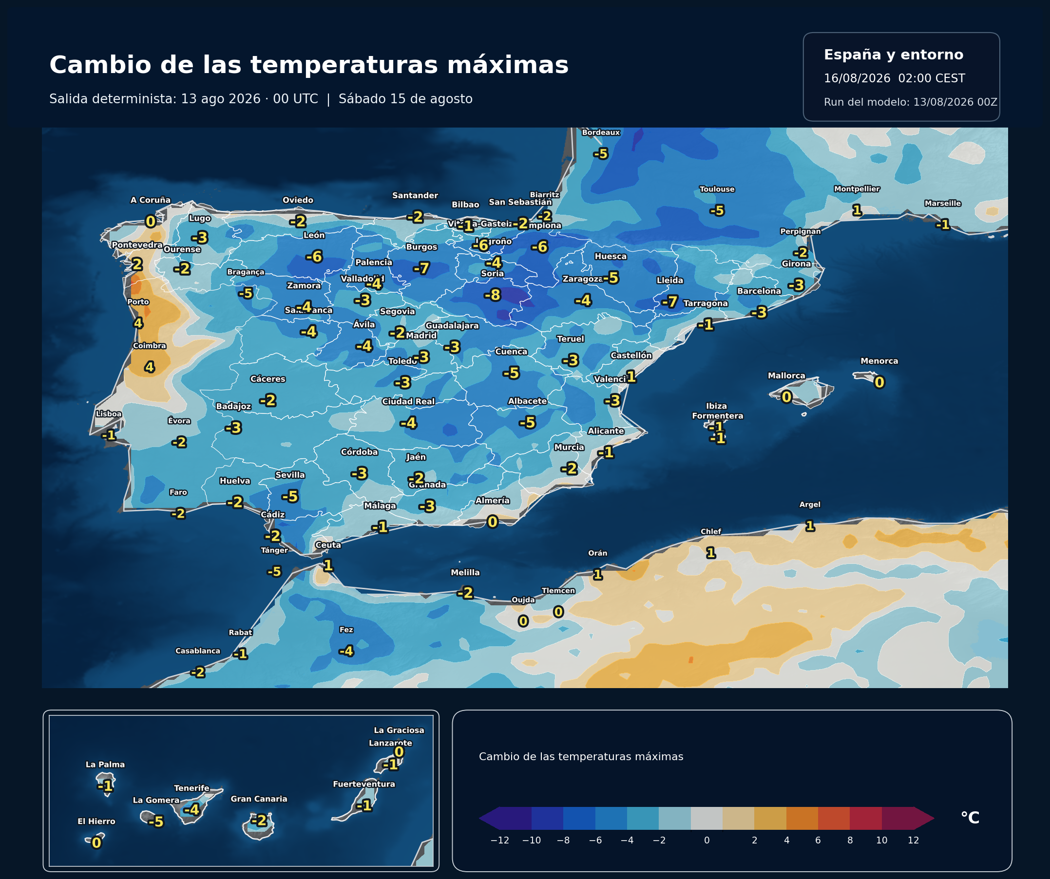 Cambio de las temperaturas máximas en España para el sábado 15 de agosto