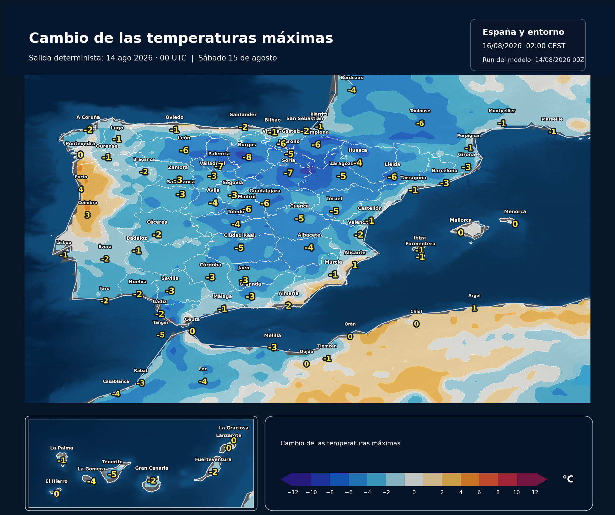 Descenso de las temperaturas máximas previsto en España para mañana sábado 15 de agosto de 2026 según el modelo europeo