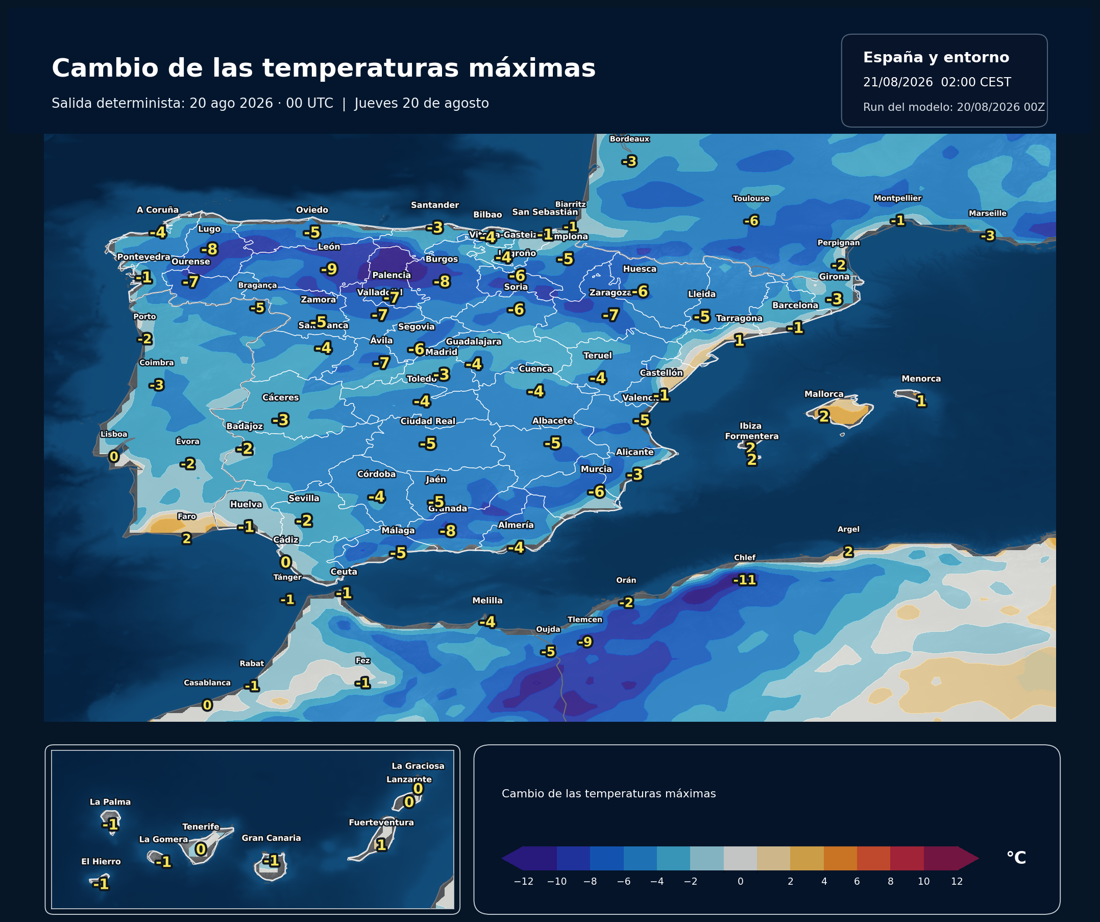Cambio de las temperaturas m&aacute;ximas en Espa&ntilde;a para el jueves 20 de agosto de 2026 seg&uacute;n el modelo europeo