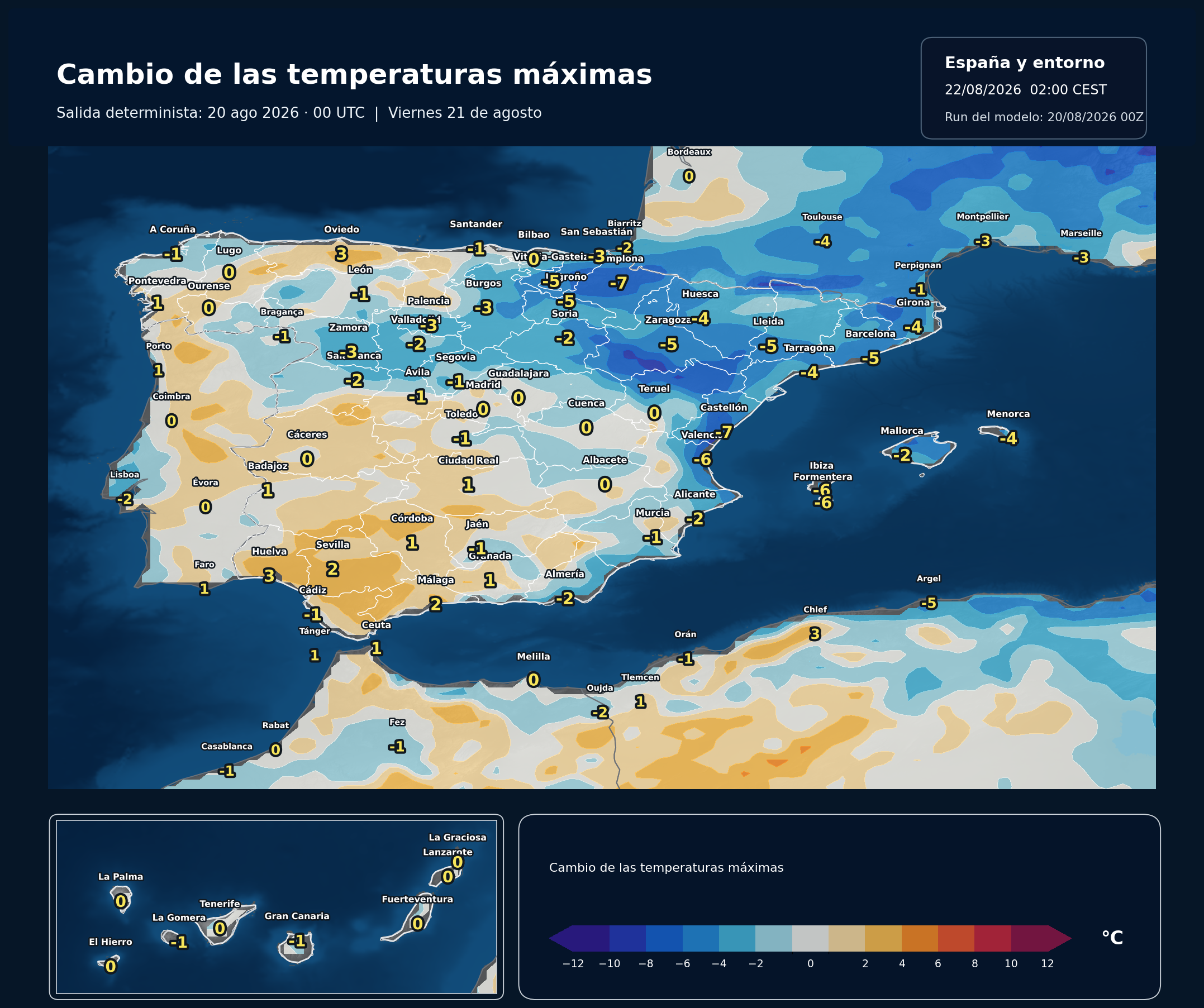 Cambio de las temperaturas m&aacute;ximas en Espa&ntilde;a para el viernes 21 de agosto de 2026 seg&uacute;n el modelo europeo