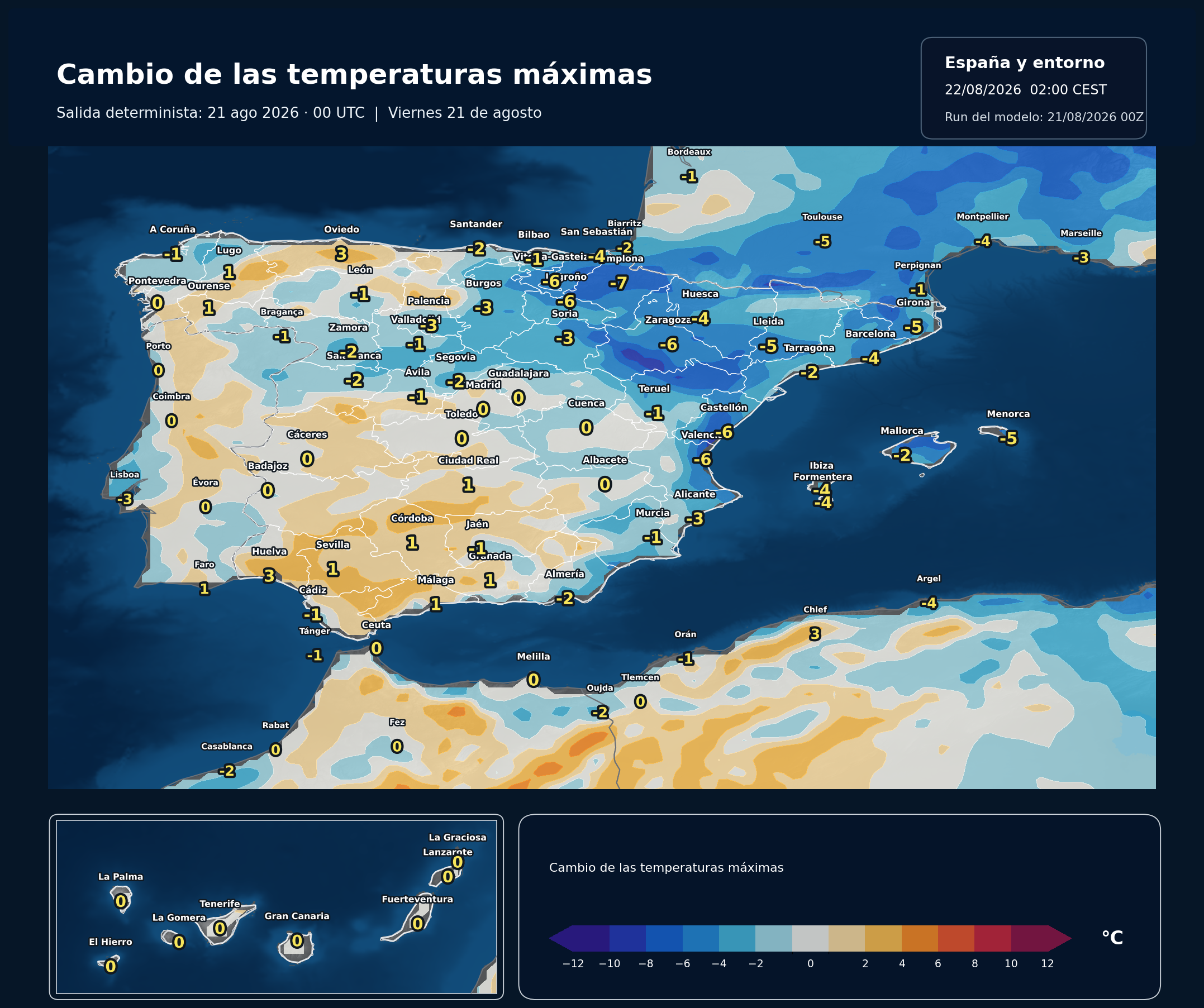 Cambio de las temperaturas máximas en España para el viernes 21 de agosto de 2026 según el modelo europeo