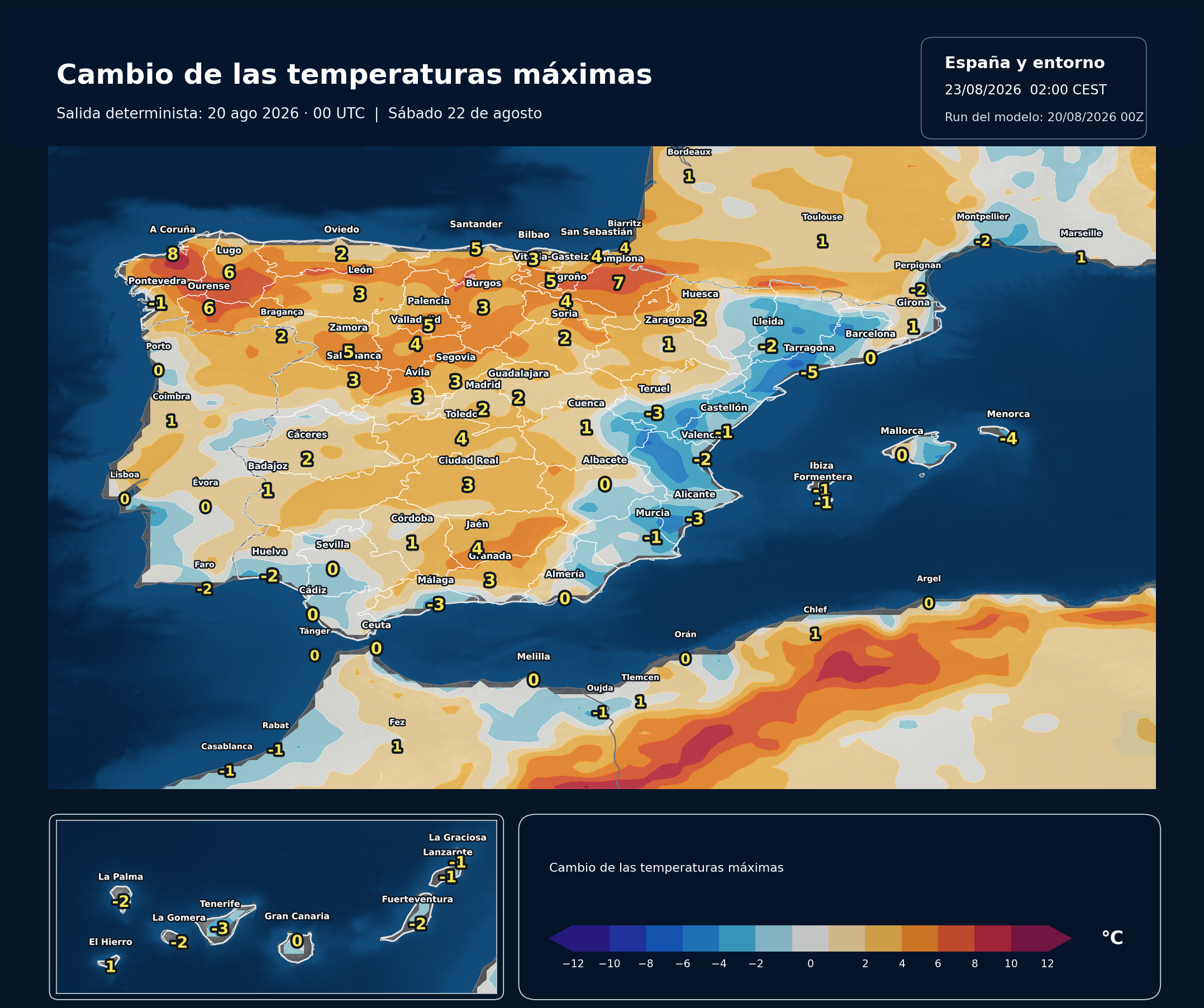 Cambio de las temperaturas m&aacute;ximas en Espa&ntilde;a para el s&aacute;bado 22 de agosto de 2026 seg&uacute;n el modelo europeo