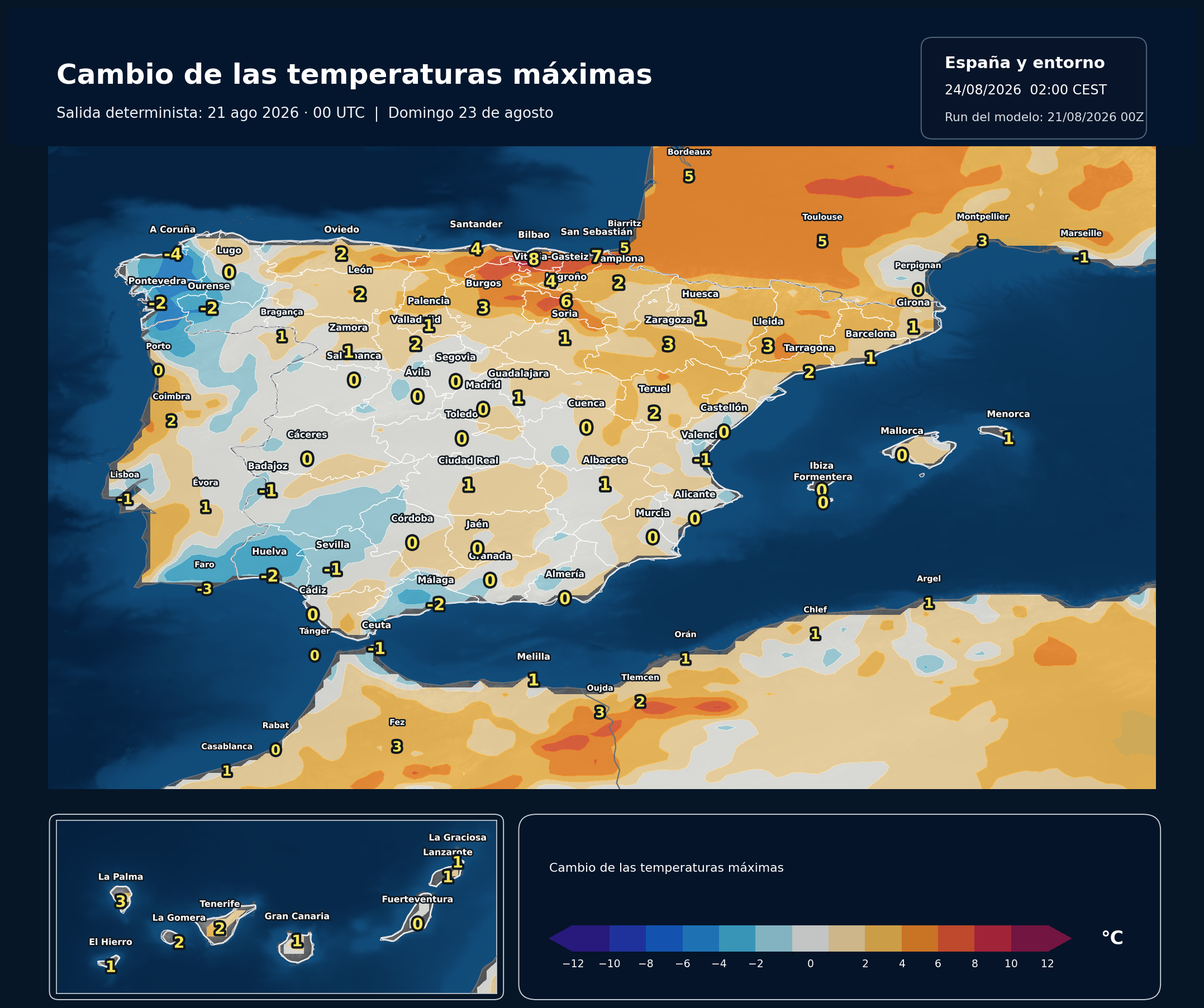 Cambio de las temperaturas máximas en España para el domingo 23 de agosto de 2026 según el modelo europeo