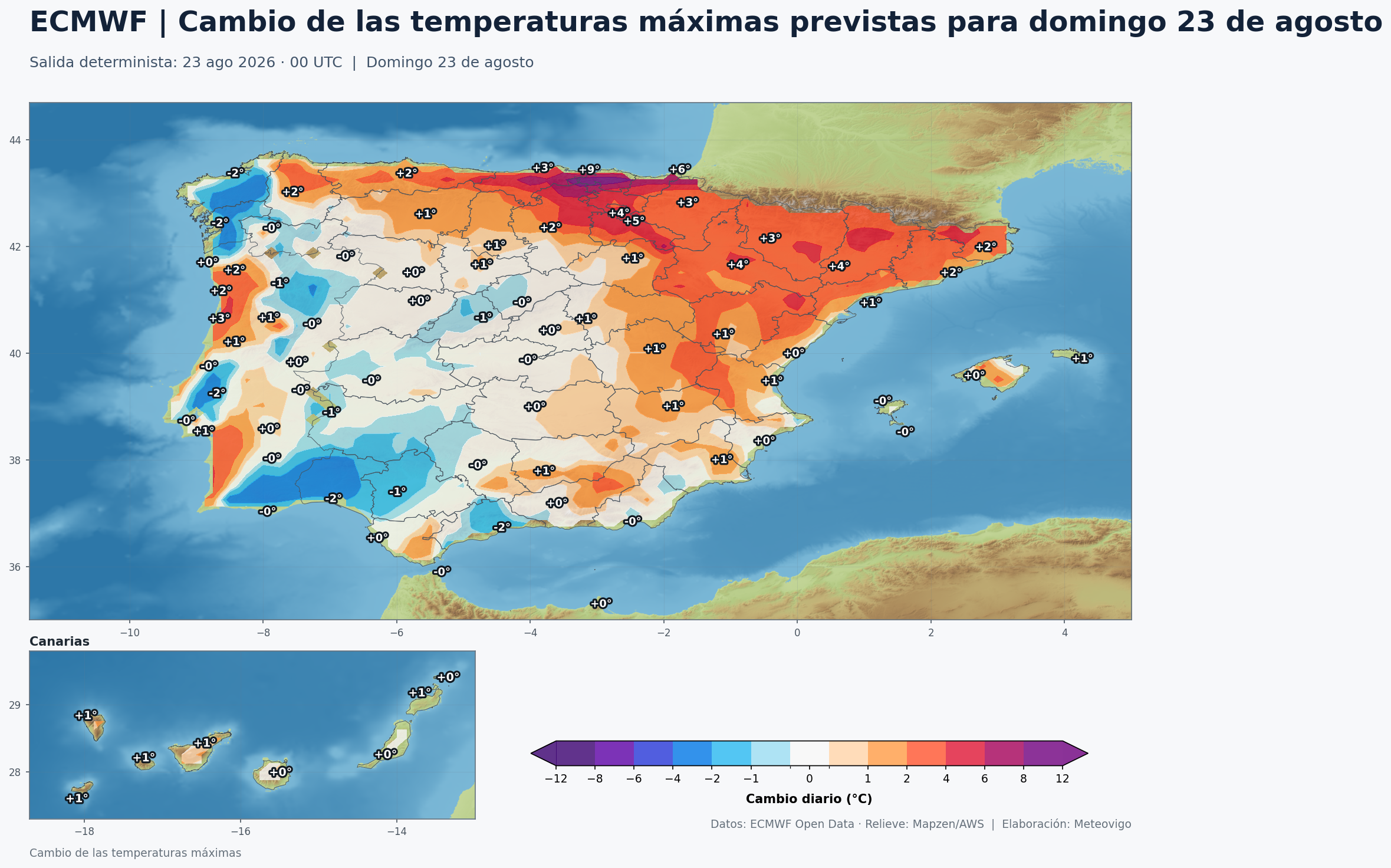 Cambio de las temperaturas m&aacute;ximas en Espa&ntilde;a para el domingo 23 de agosto de 2026 seg&uacute;n el modelo europeo