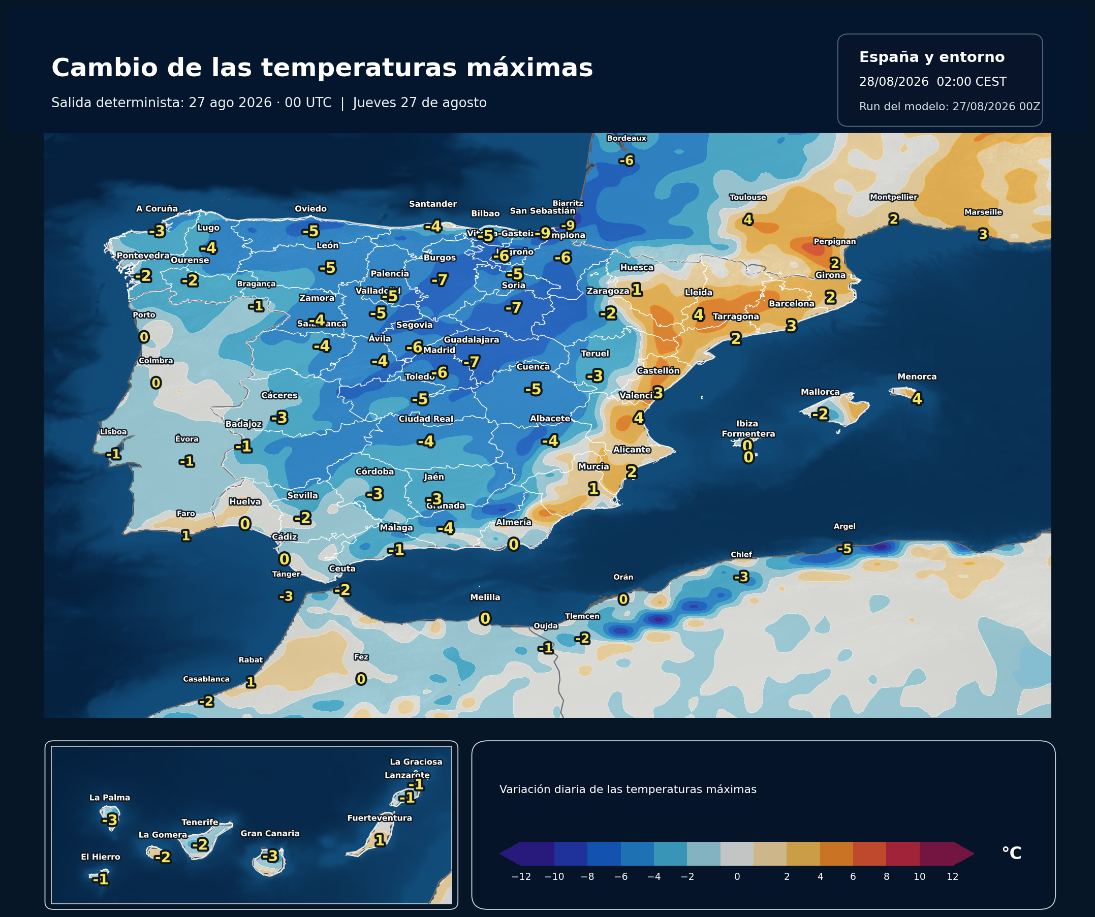 Cambio de las temperaturas máximas en España para el jueves 27 de agosto según el modelo europeo