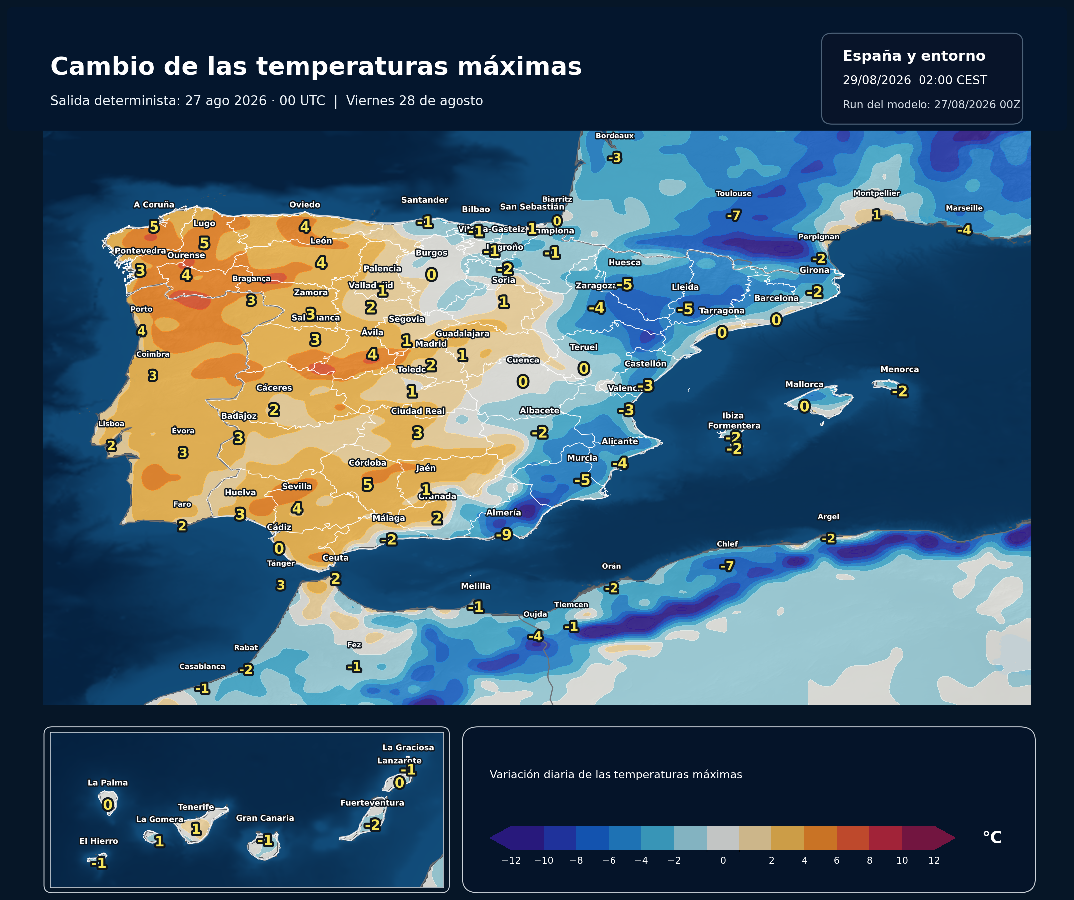 Cambio de las temperaturas máximas en España para el viernes 28 de agosto según el modelo europeo