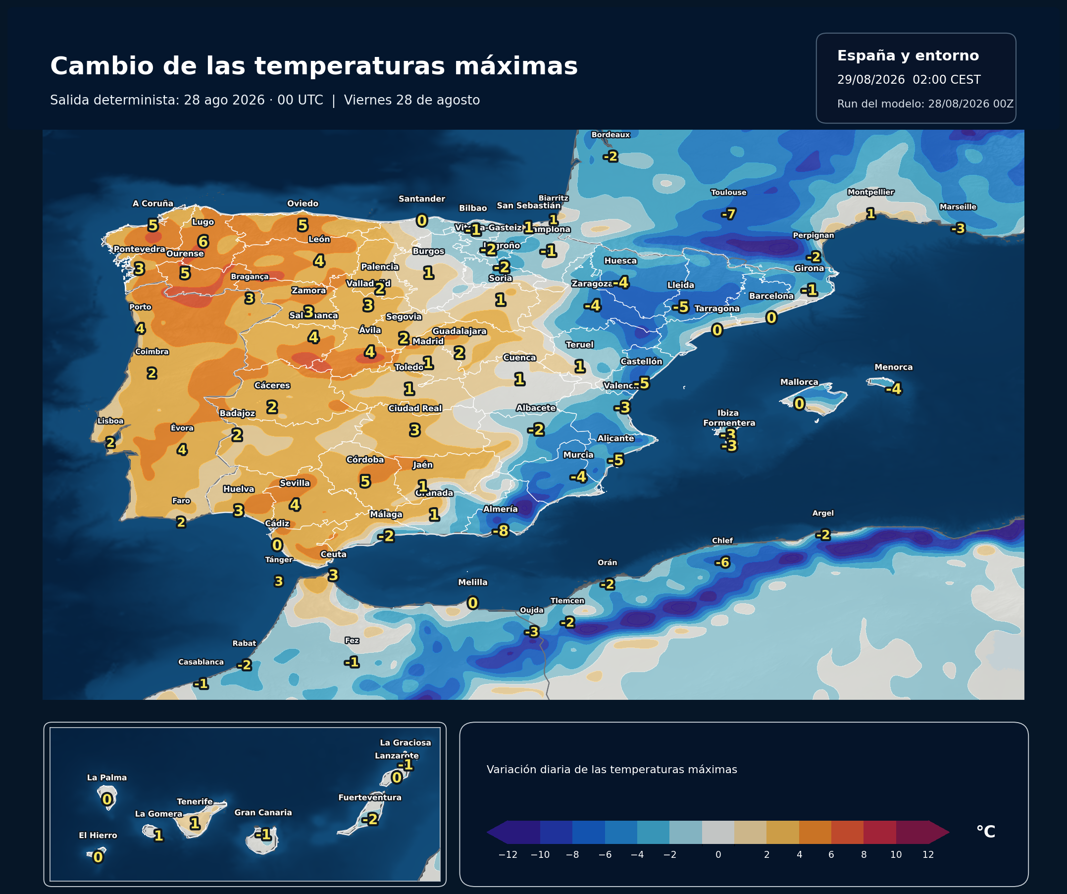 Cambio de las temperaturas máximas en España para el viernes 28 de agosto según el modelo europeo