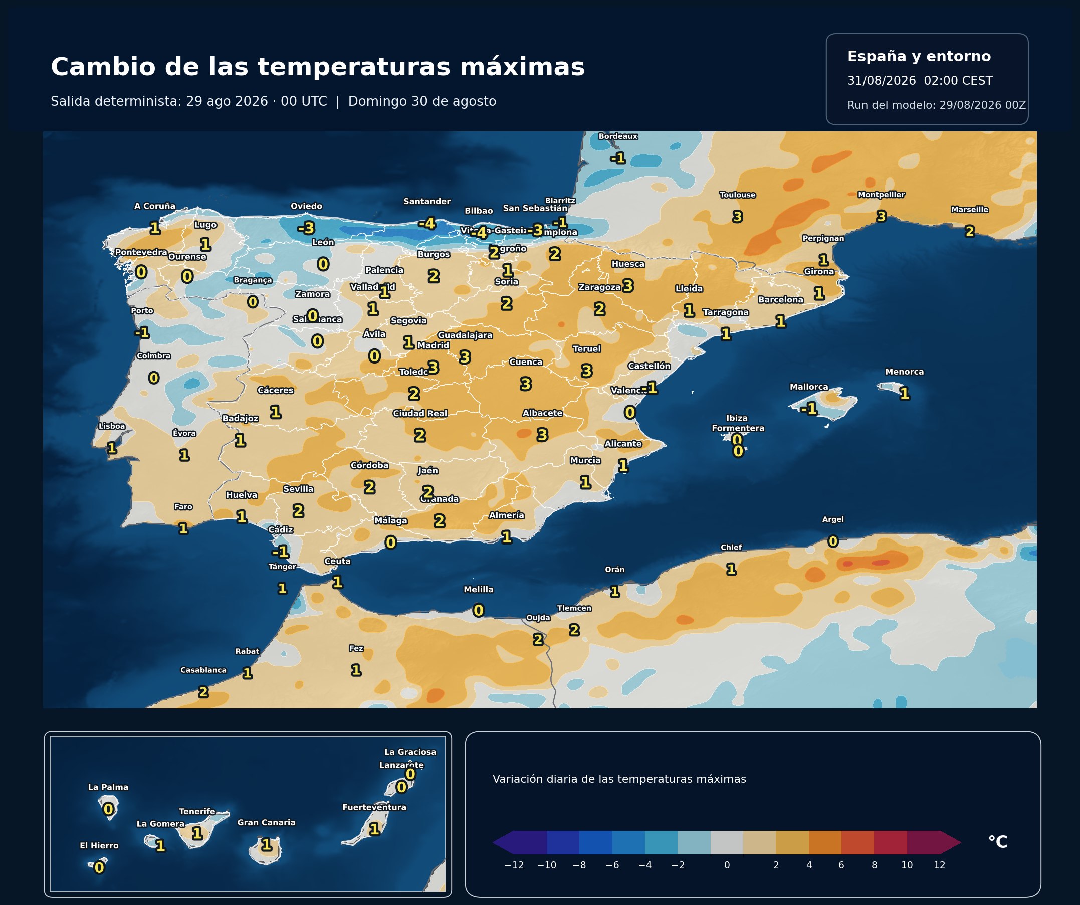 Cambio de las temperaturas máximas en España para el domingo 30 de agosto según el modelo europeo