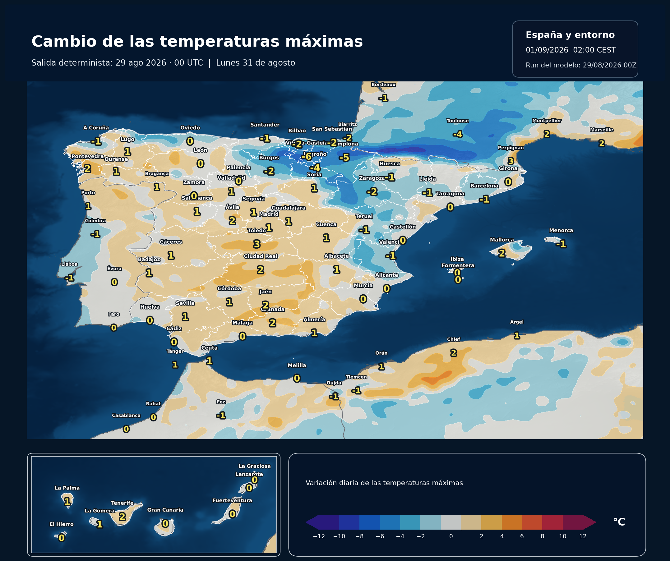 Cambio de las temperaturas máximas en España para el lunes 31 de agosto según el modelo europeo