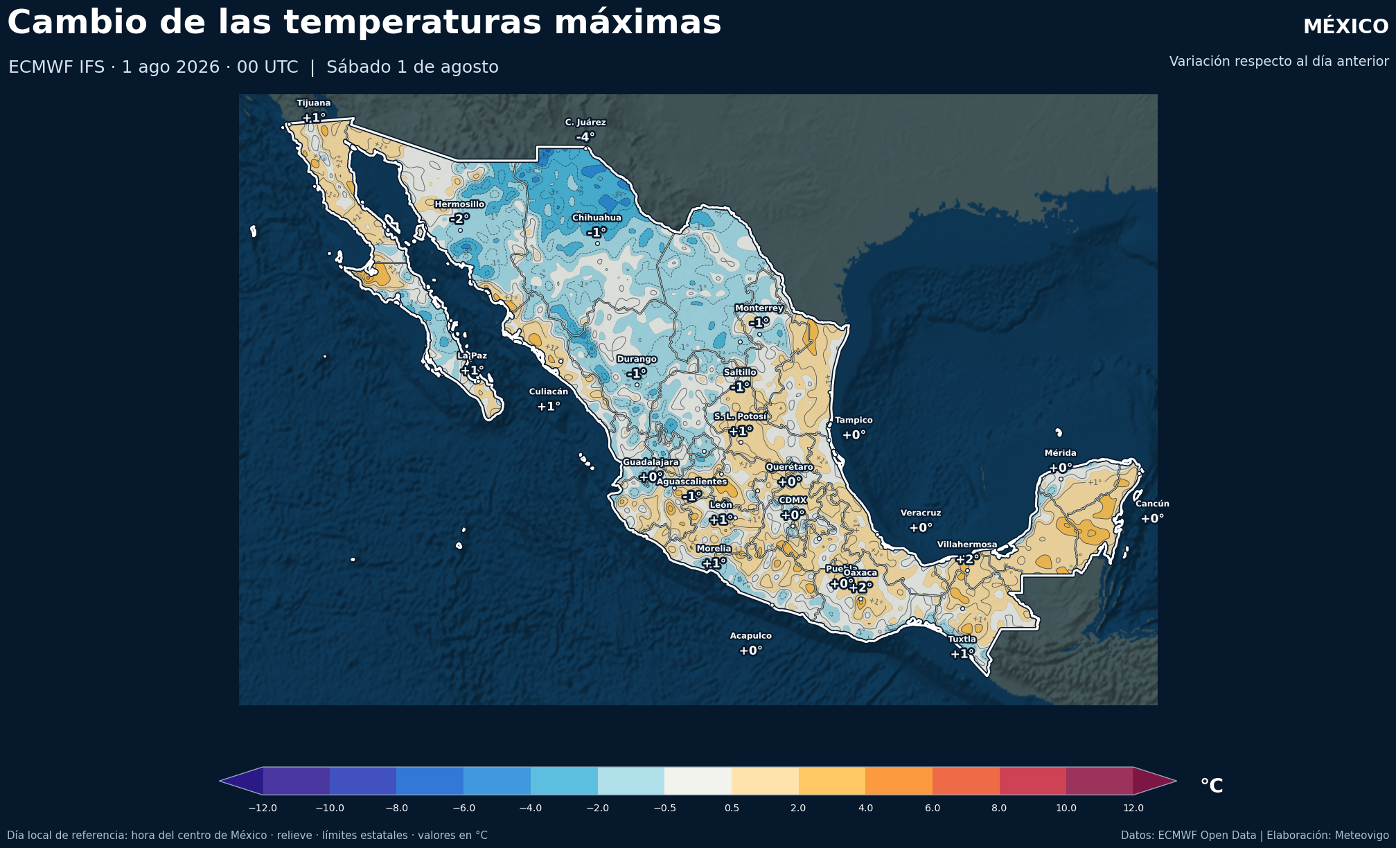 Cambio de las temperaturas m&aacute;ximas respecto al d&iacute;a anterior en M&eacute;xico para el s&aacute;bado 1 de agosto de 2026