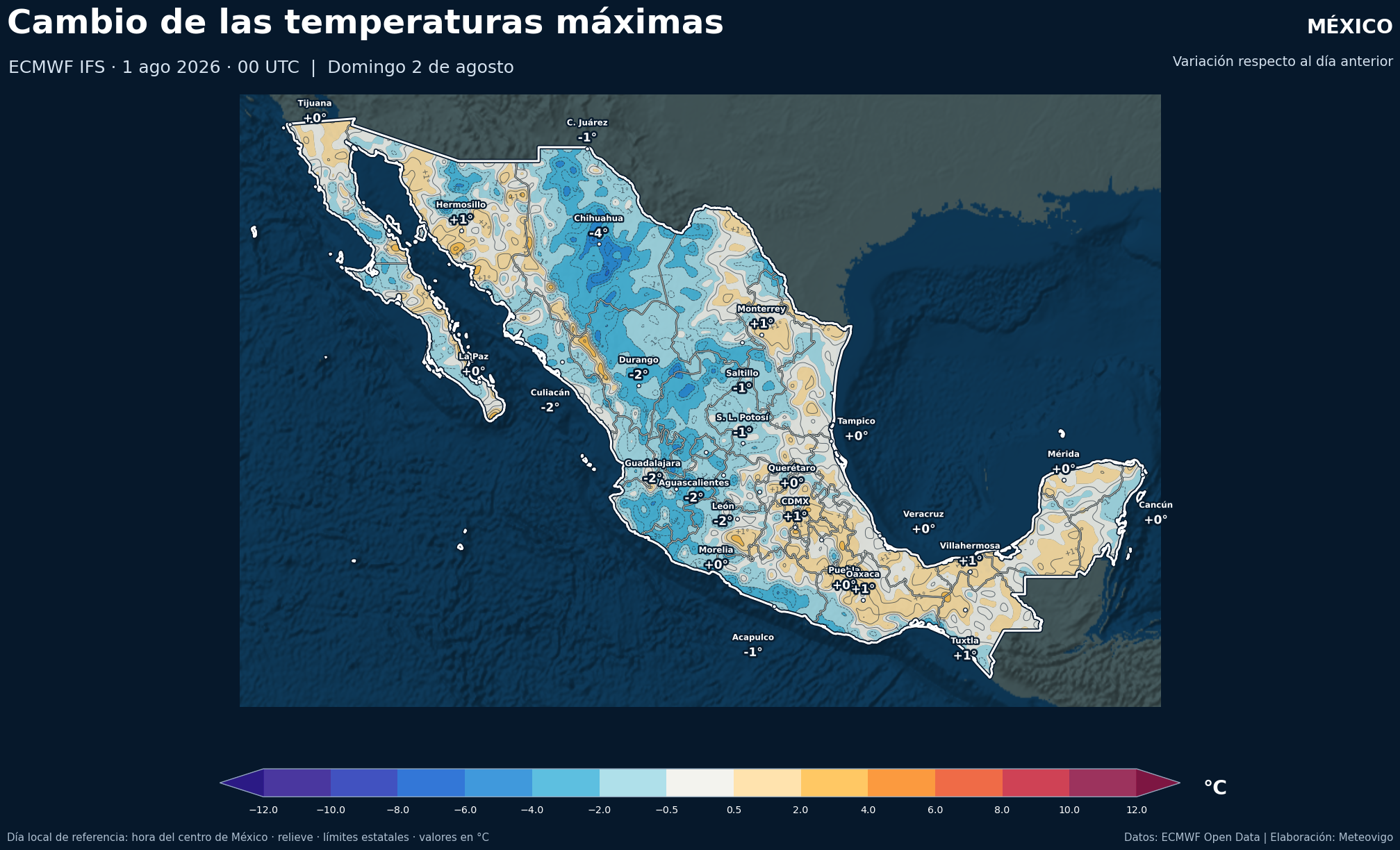 Cambio de las temperaturas m&aacute;ximas respecto al d&iacute;a anterior en M&eacute;xico para el domingo 2 de agosto de 2026