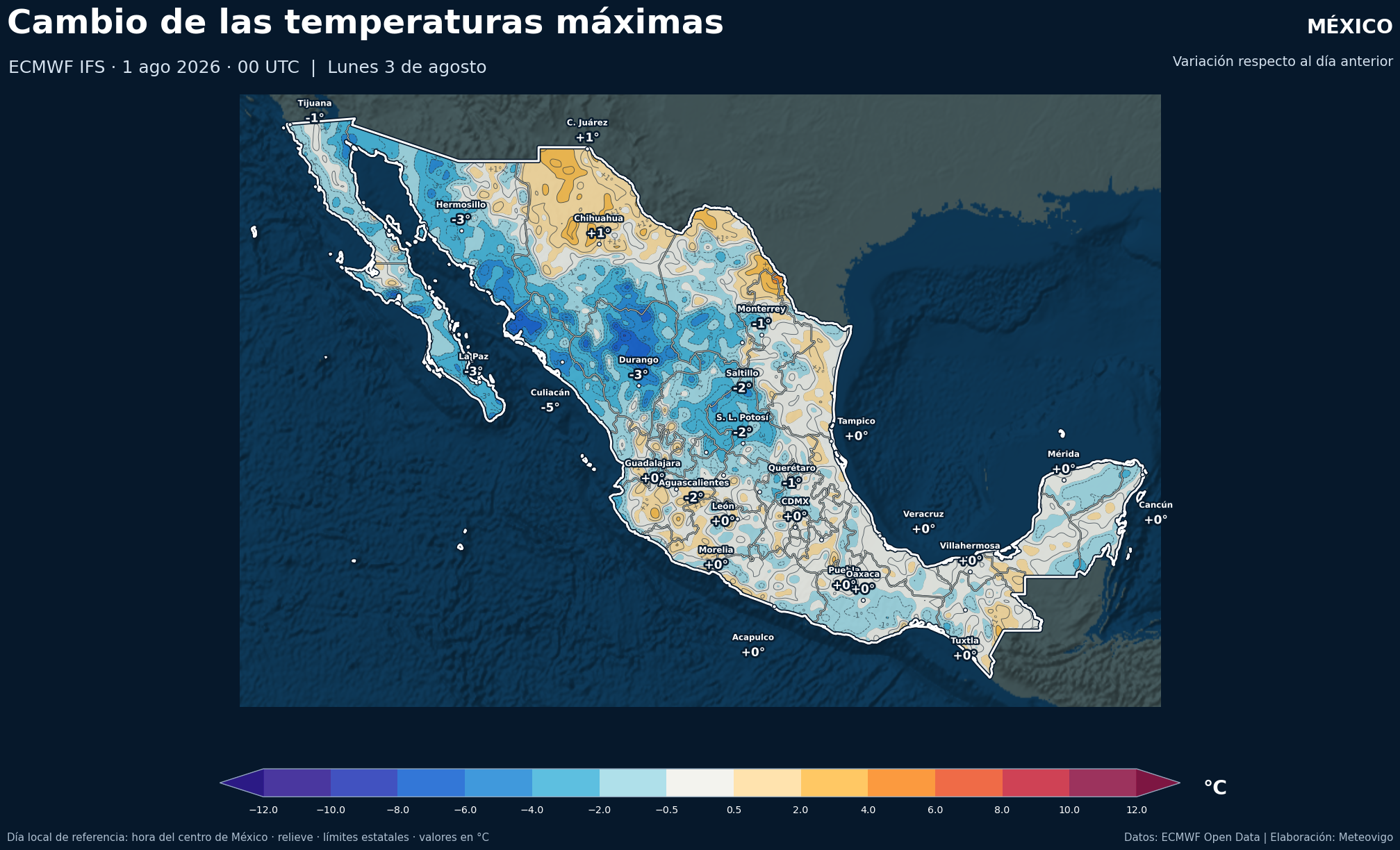 Cambio de las temperaturas m&aacute;ximas respecto al d&iacute;a anterior en M&eacute;xico para el lunes 3 de agosto de 2026
