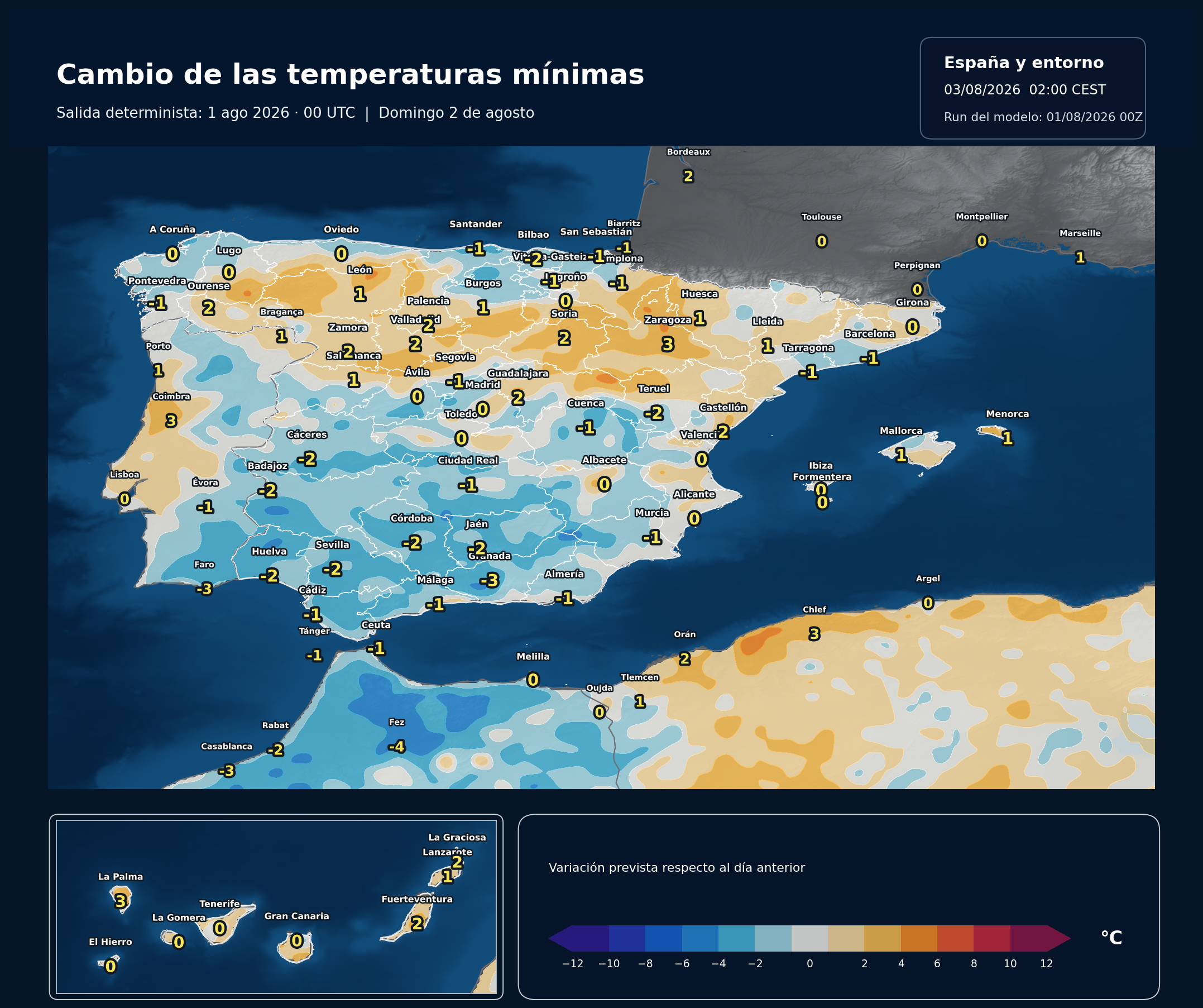 Cambio de las temperaturas mínimas en España para el domingo 2 de agosto de 2026
