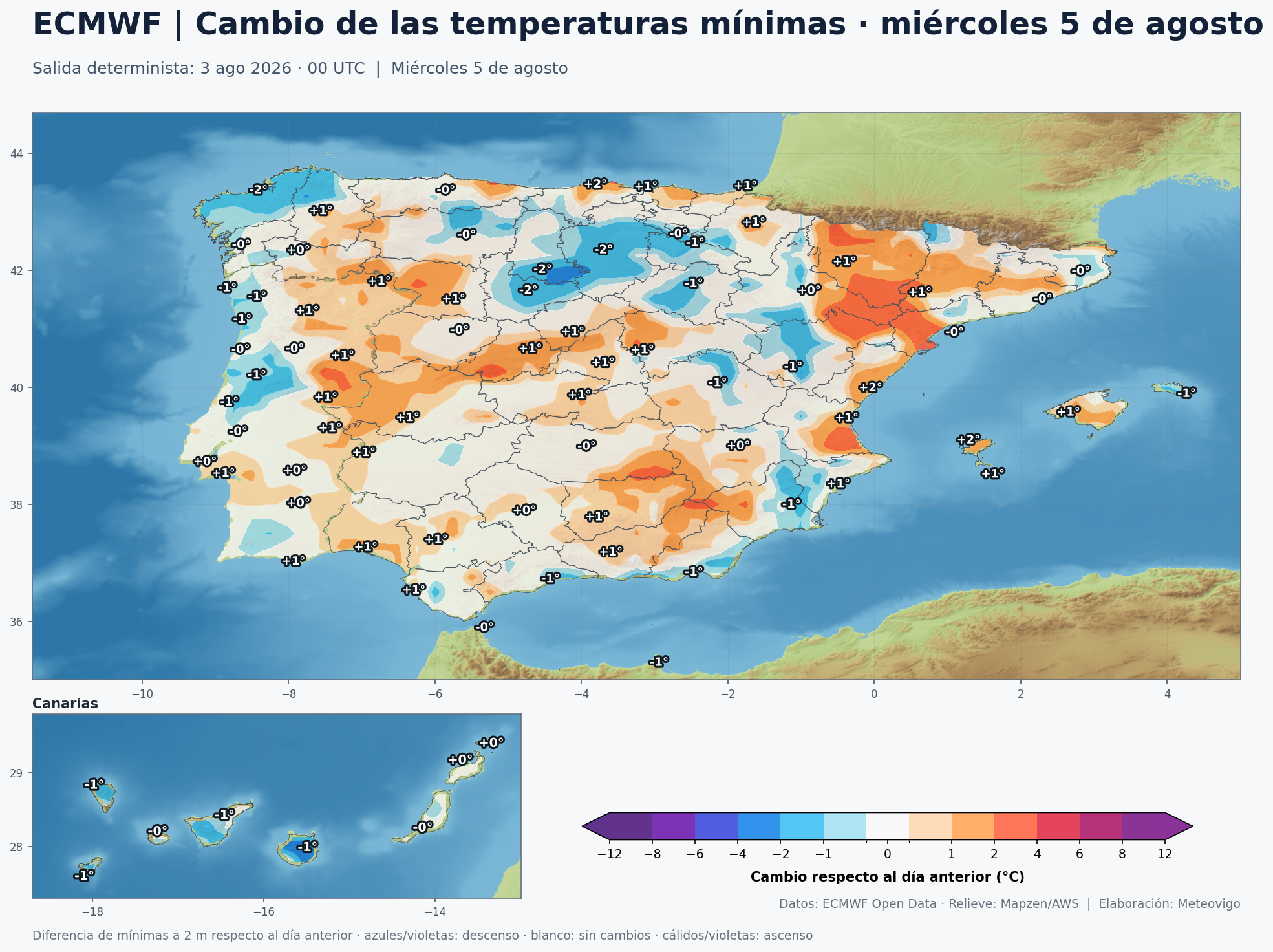 Cambio de las temperaturas mínimas en España para el miércoles 5 de agosto de 2026