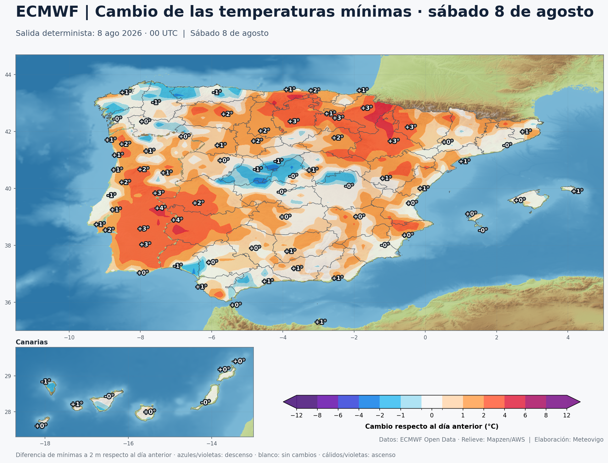 Cambio de las temperaturas mínimas en España para el sábado 8 de agosto según el modelo europeo