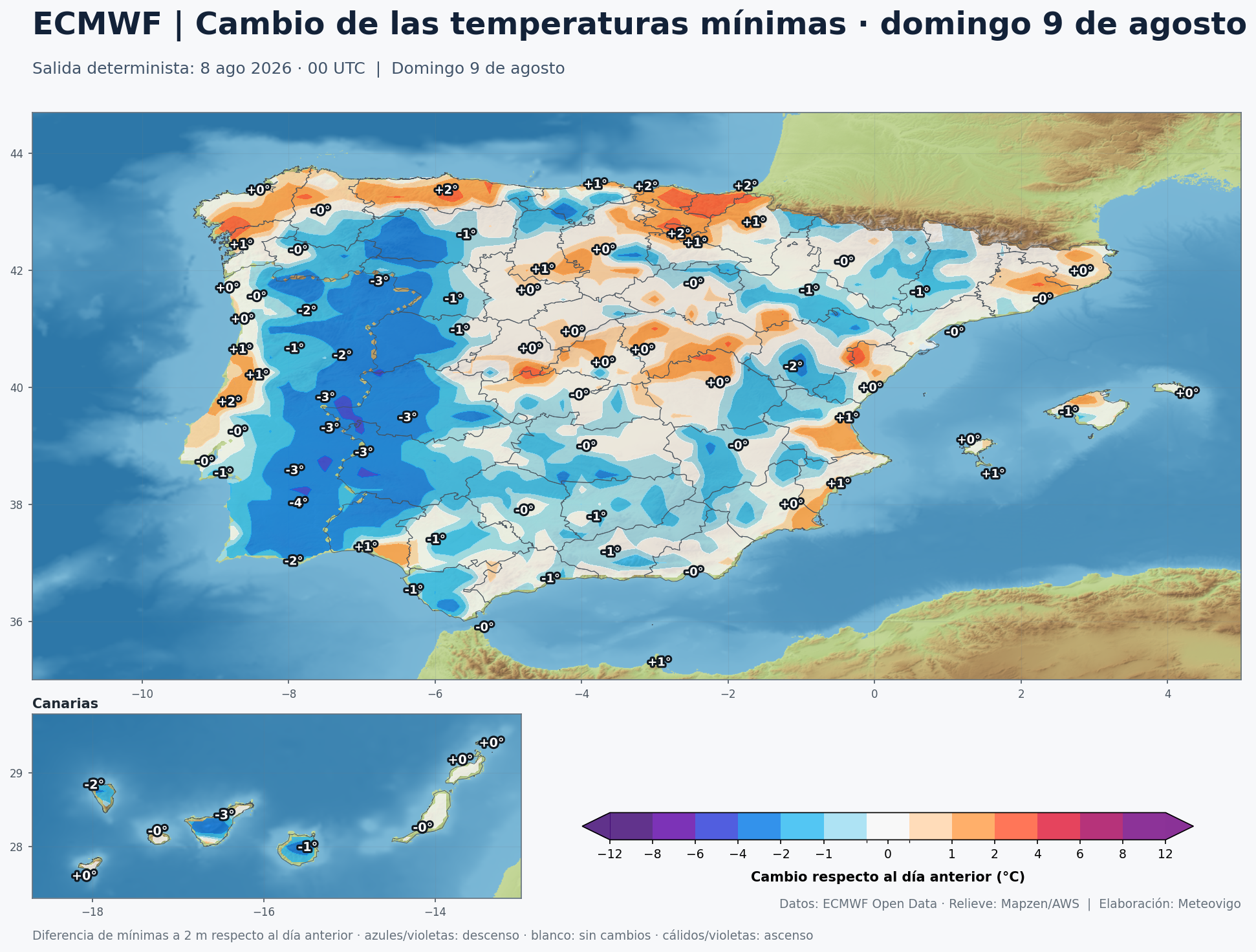 Cambio de las temperaturas mínimas en España para el domingo 9 de agosto según el modelo europeo