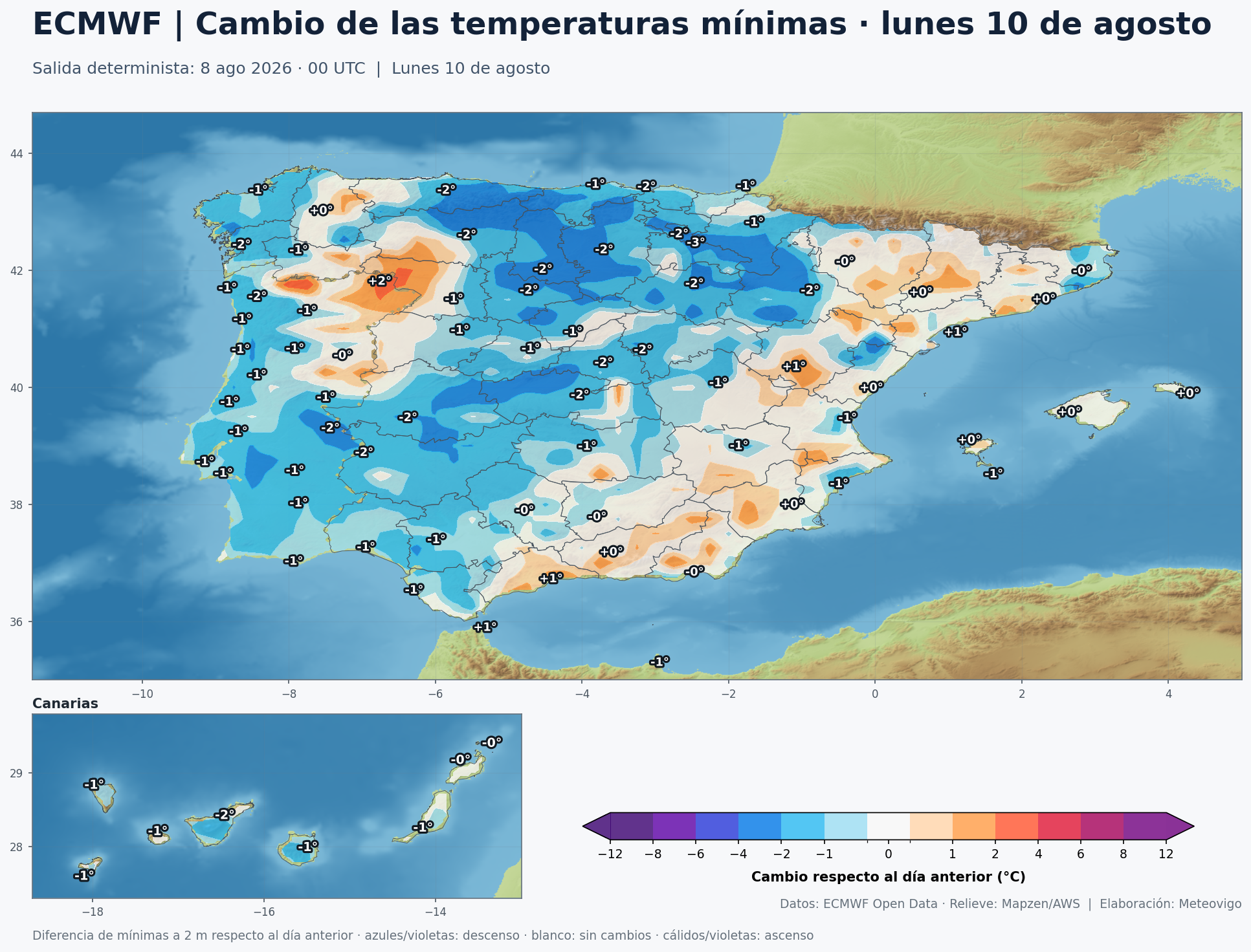 Cambio de las temperaturas mínimas en España para el lunes 10 de agosto según el modelo europeo