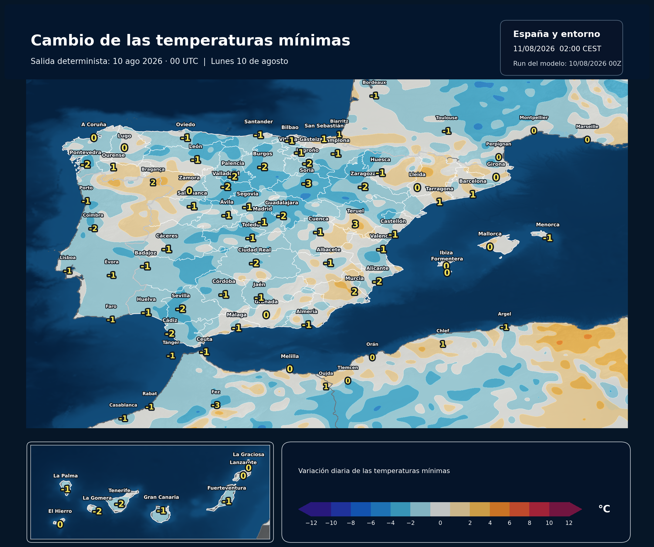 Cambio de las temperaturas m&iacute;nimas en Espa&ntilde;a para el lunes 10 de agosto seg&uacute;n el modelo europeo