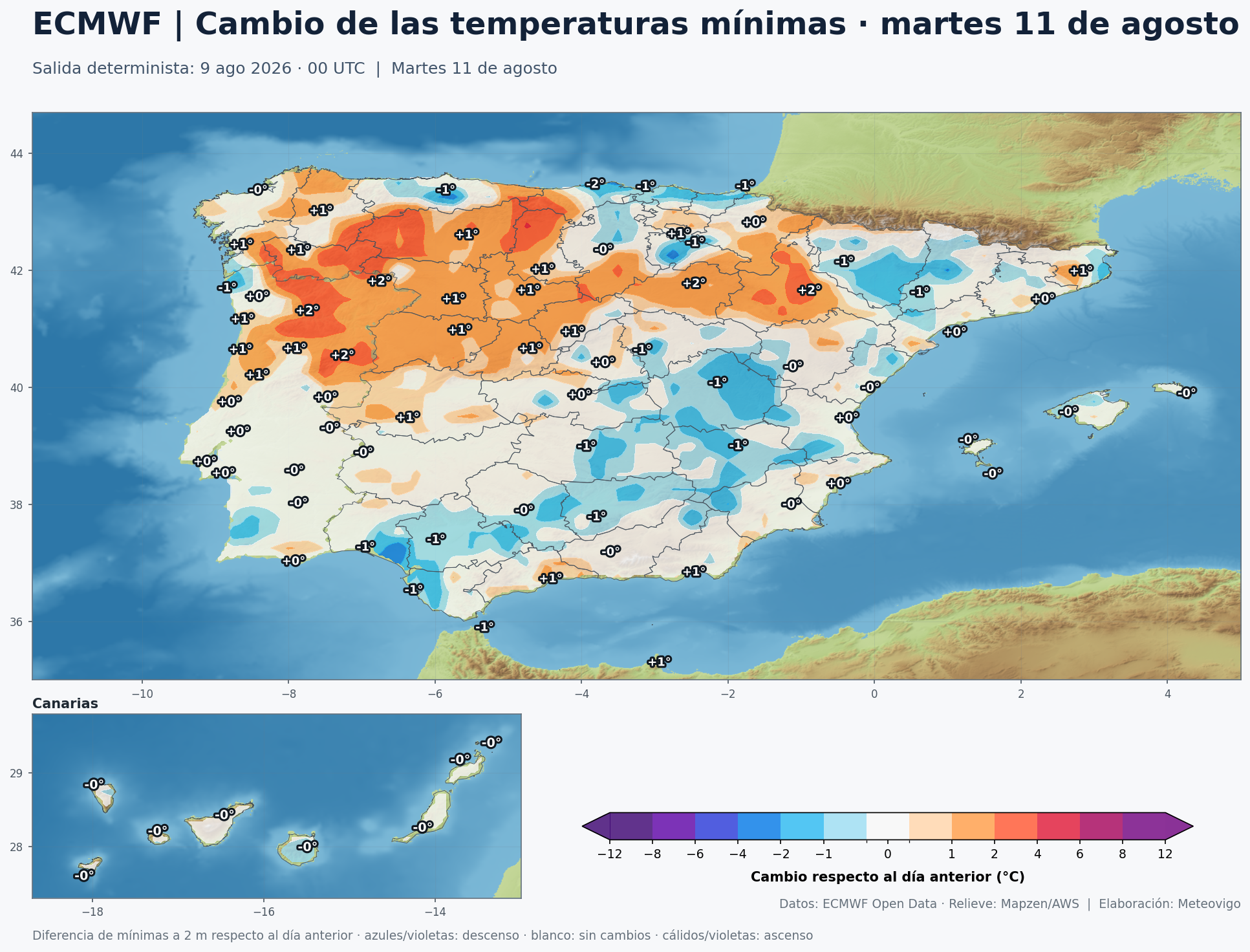 Cambio de las temperaturas mínimas en España para el martes 11 de agosto según el modelo europeo