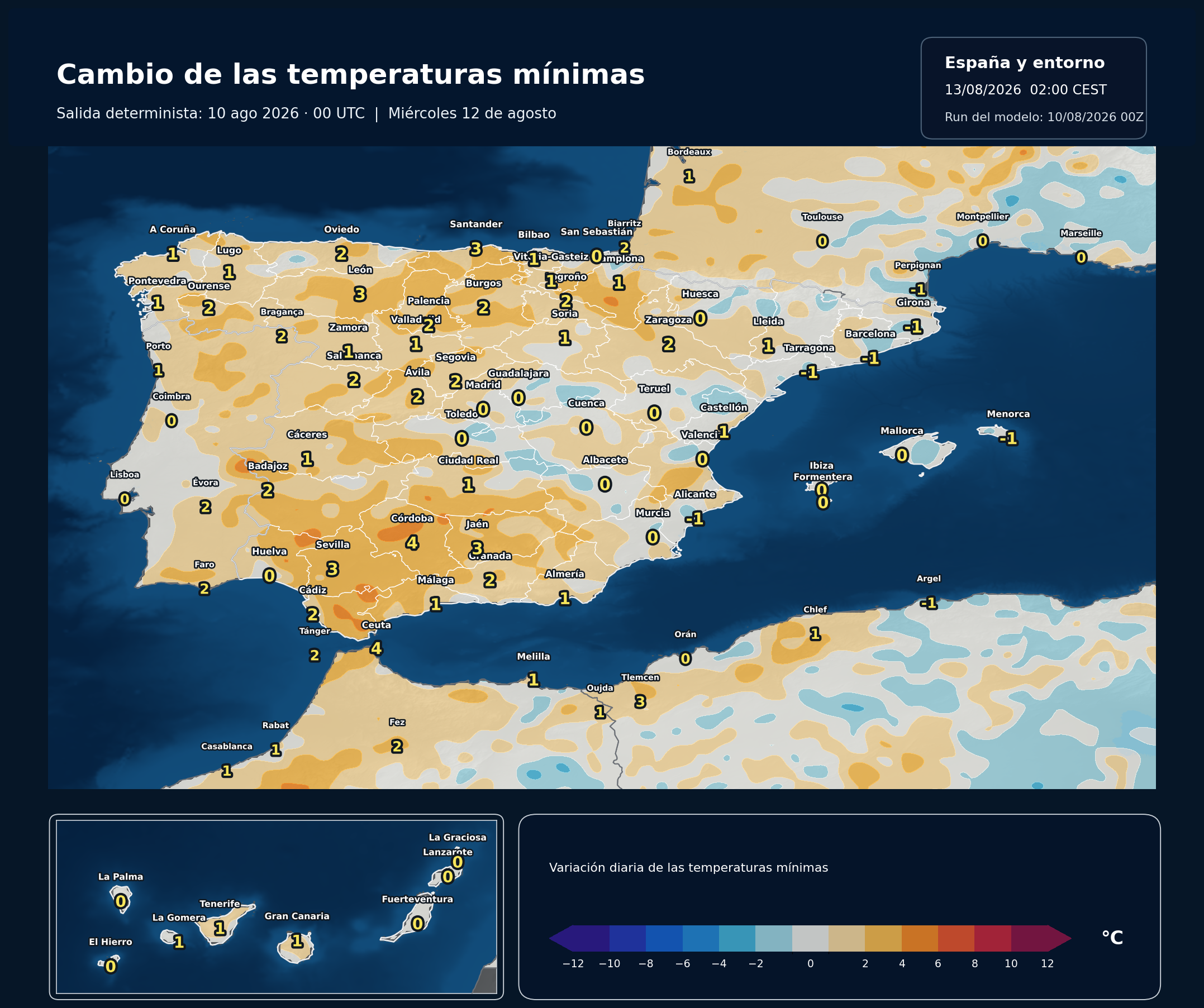 Cambio de las temperaturas m&iacute;nimas en Espa&ntilde;a para el mi&eacute;rcoles 12 de agosto seg&uacute;n el modelo europeo