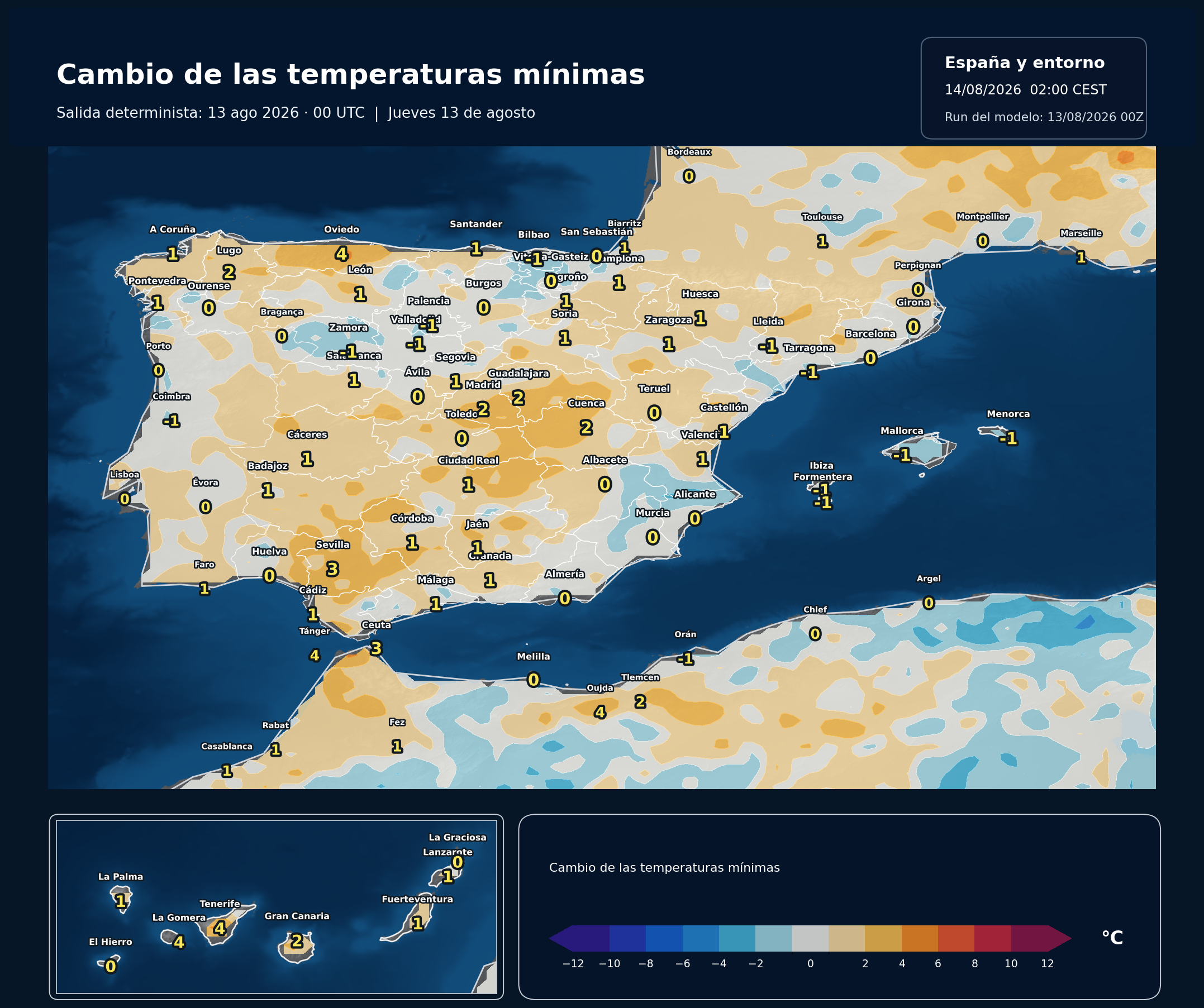 Cambio de las temperaturas mínimas en España para el jueves 13 de agosto