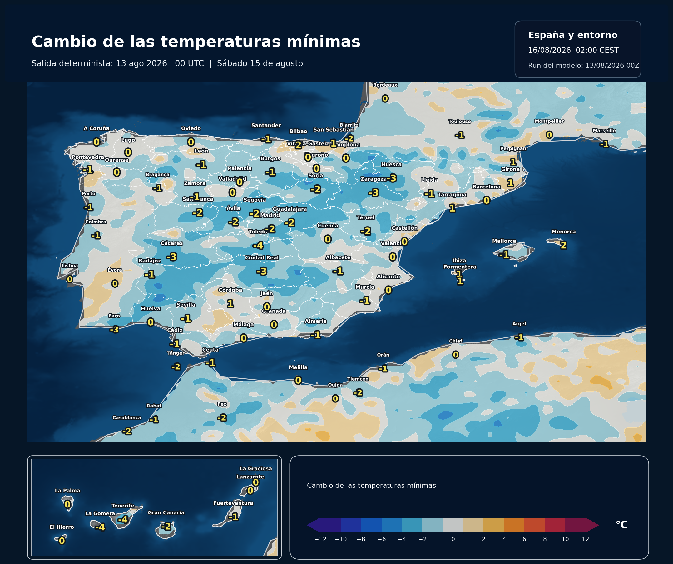Cambio de las temperaturas mínimas en España para el sábado 15 de agosto