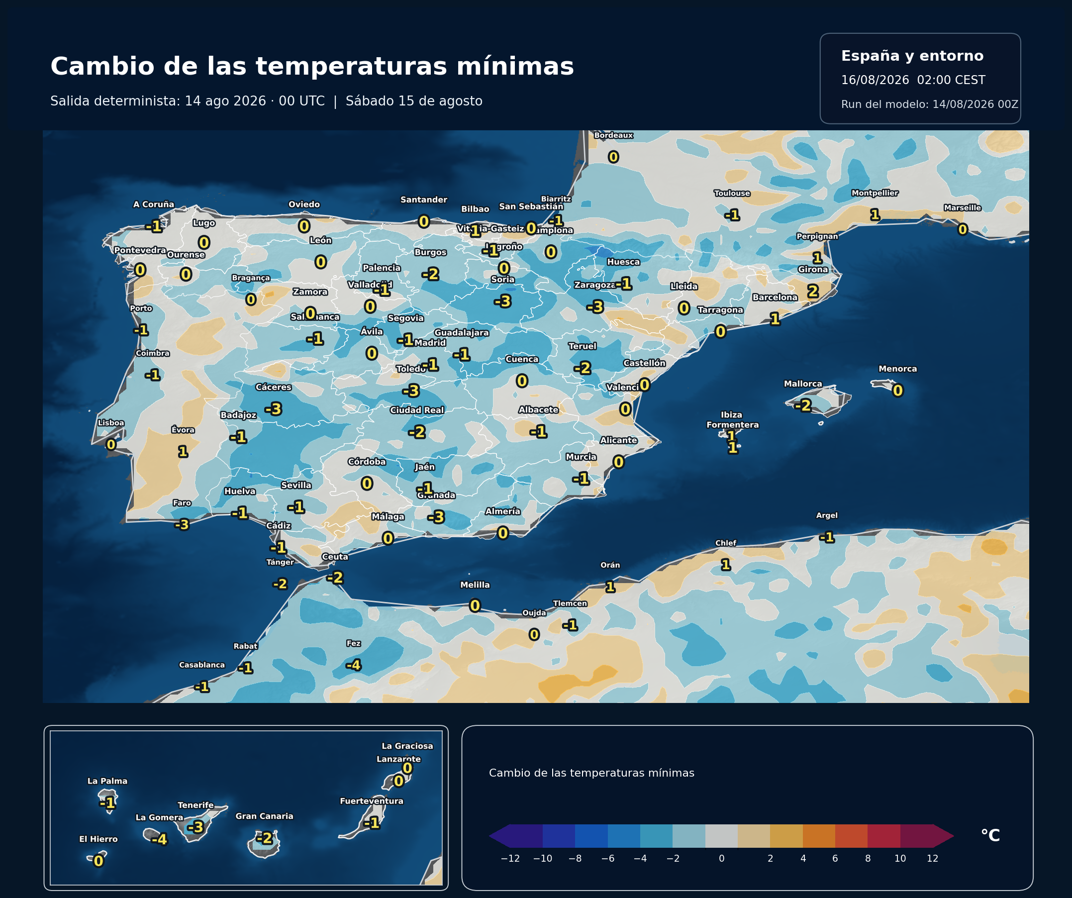 Cambio de las temperaturas mínimas previsto en España para mañana sábado 15 de agosto de 2026 según el modelo europeo