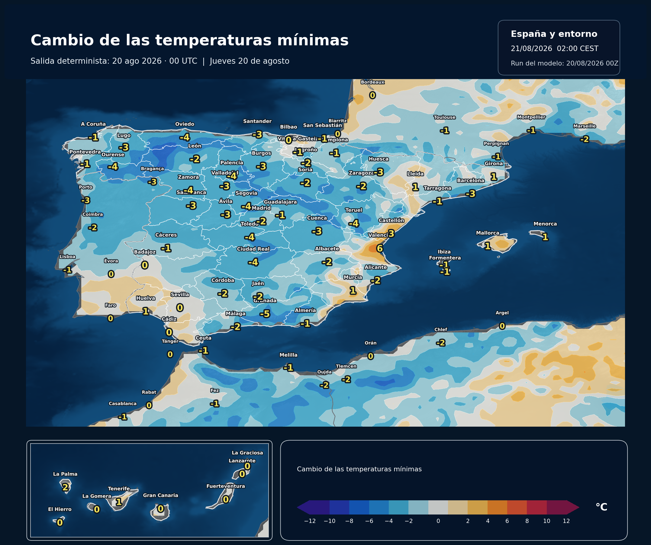 Cambio de las temperaturas m&iacute;nimas en Espa&ntilde;a para el jueves 20 de agosto de 2026 seg&uacute;n el modelo europeo