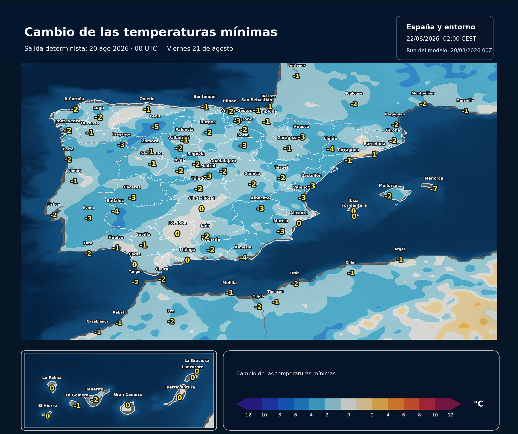 Cambio de las temperaturas m&iacute;nimas en Espa&ntilde;a para el viernes 21 de agosto de 2026 seg&uacute;n el modelo europeo