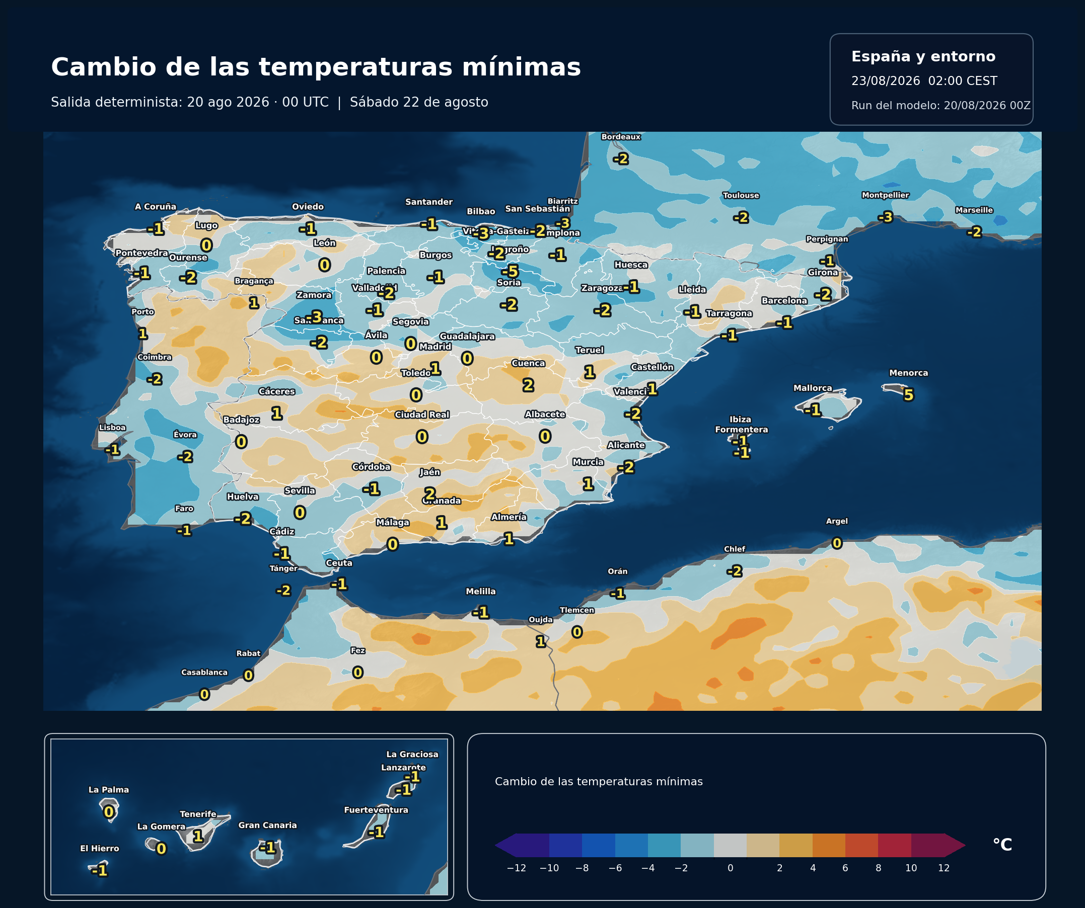 Cambio de las temperaturas m&iacute;nimas en Espa&ntilde;a para el s&aacute;bado 22 de agosto de 2026 seg&uacute;n el modelo europeo