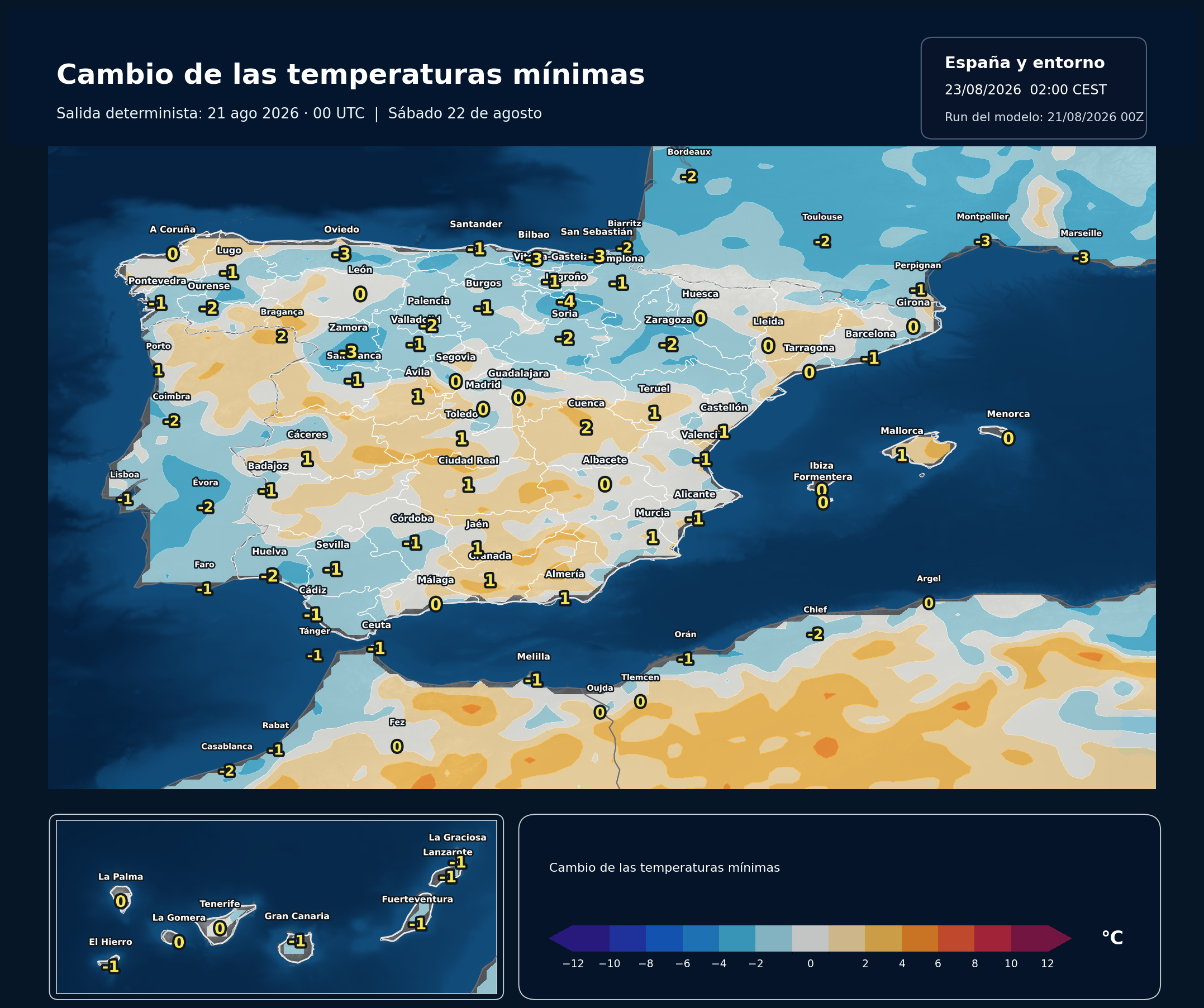 Cambio de las temperaturas mínimas en España para el sábado 22 de agosto de 2026 según el modelo europeo