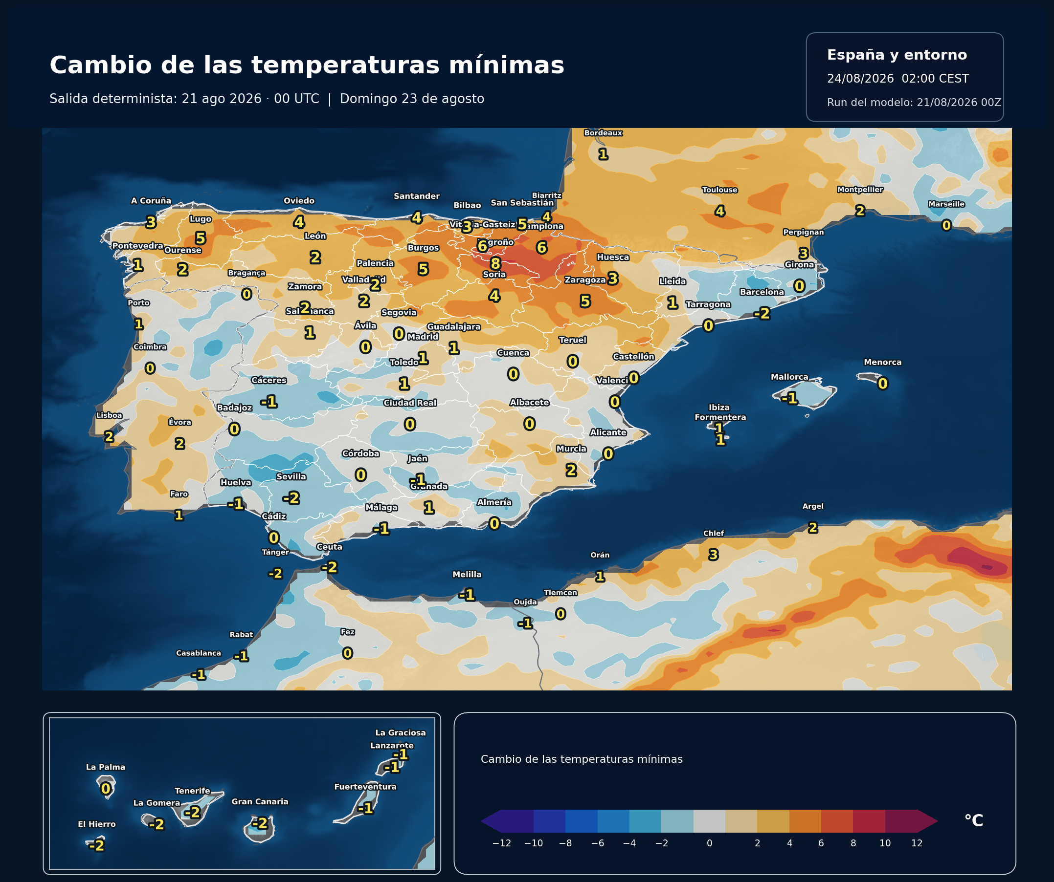 Cambio de las temperaturas mínimas en España para el domingo 23 de agosto de 2026 según el modelo europeo