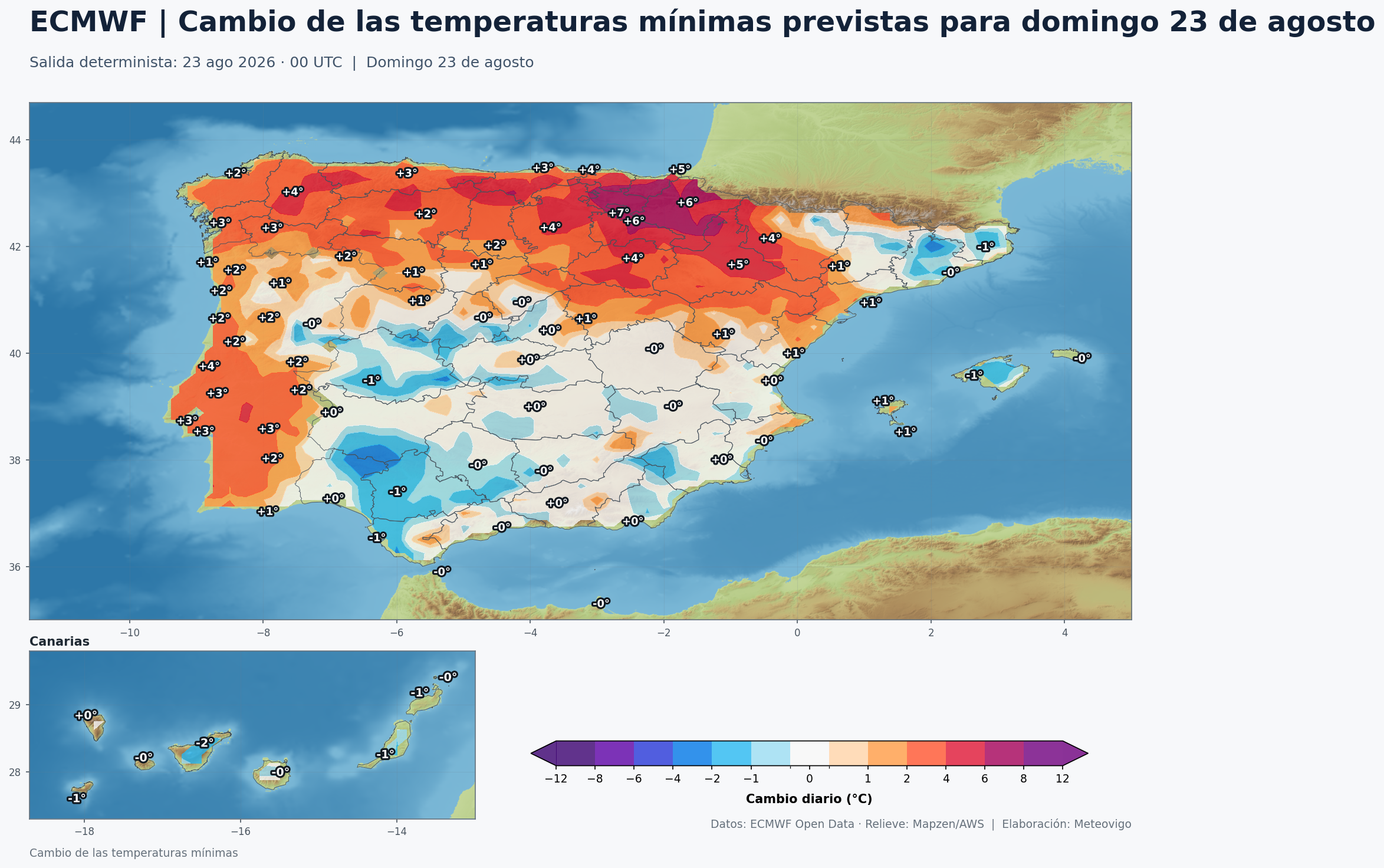 Cambio de las temperaturas m&iacute;nimas en Espa&ntilde;a para el domingo 23 de agosto de 2026 seg&uacute;n el modelo europeo