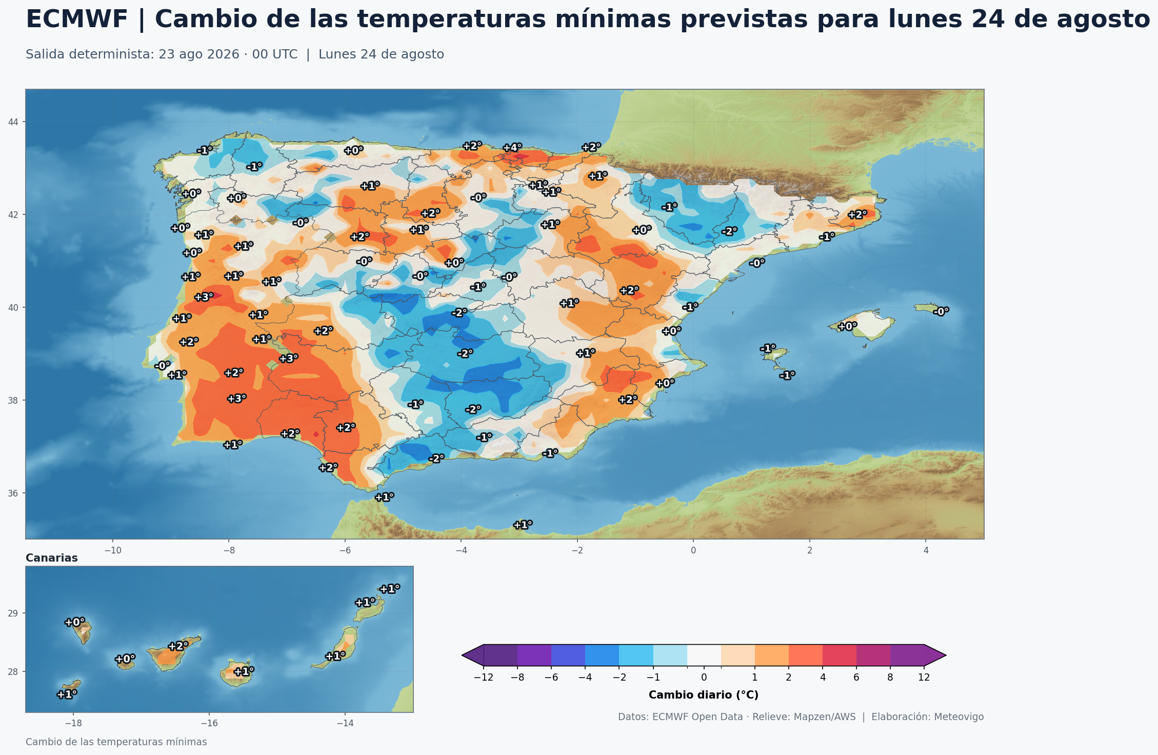 Cambio de las temperaturas m&iacute;nimas en Espa&ntilde;a para el lunes 24 de agosto de 2026 seg&uacute;n el modelo europeo