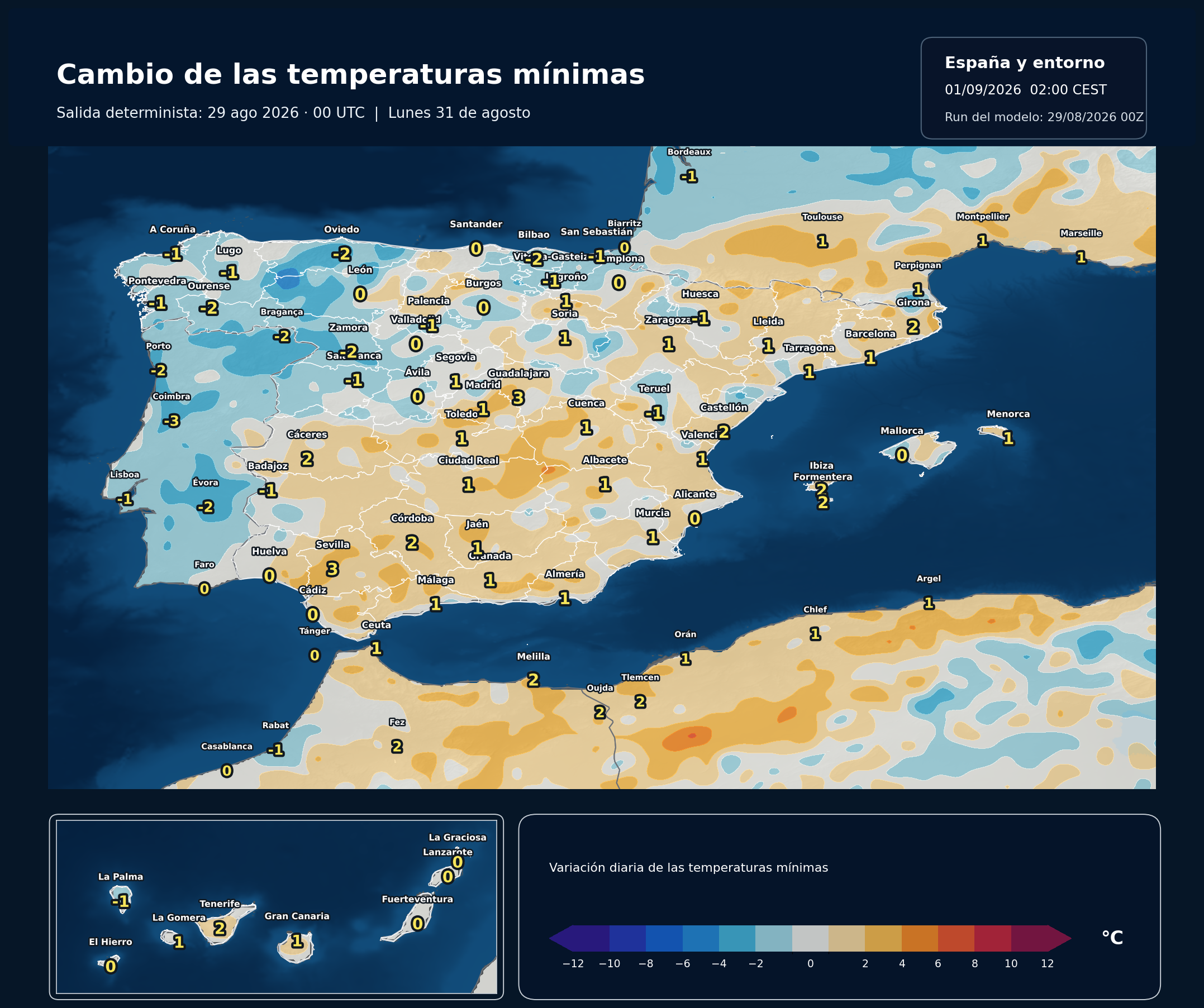 Cambio de las temperaturas mínimas en España para el lunes 31 de agosto según el modelo europeo