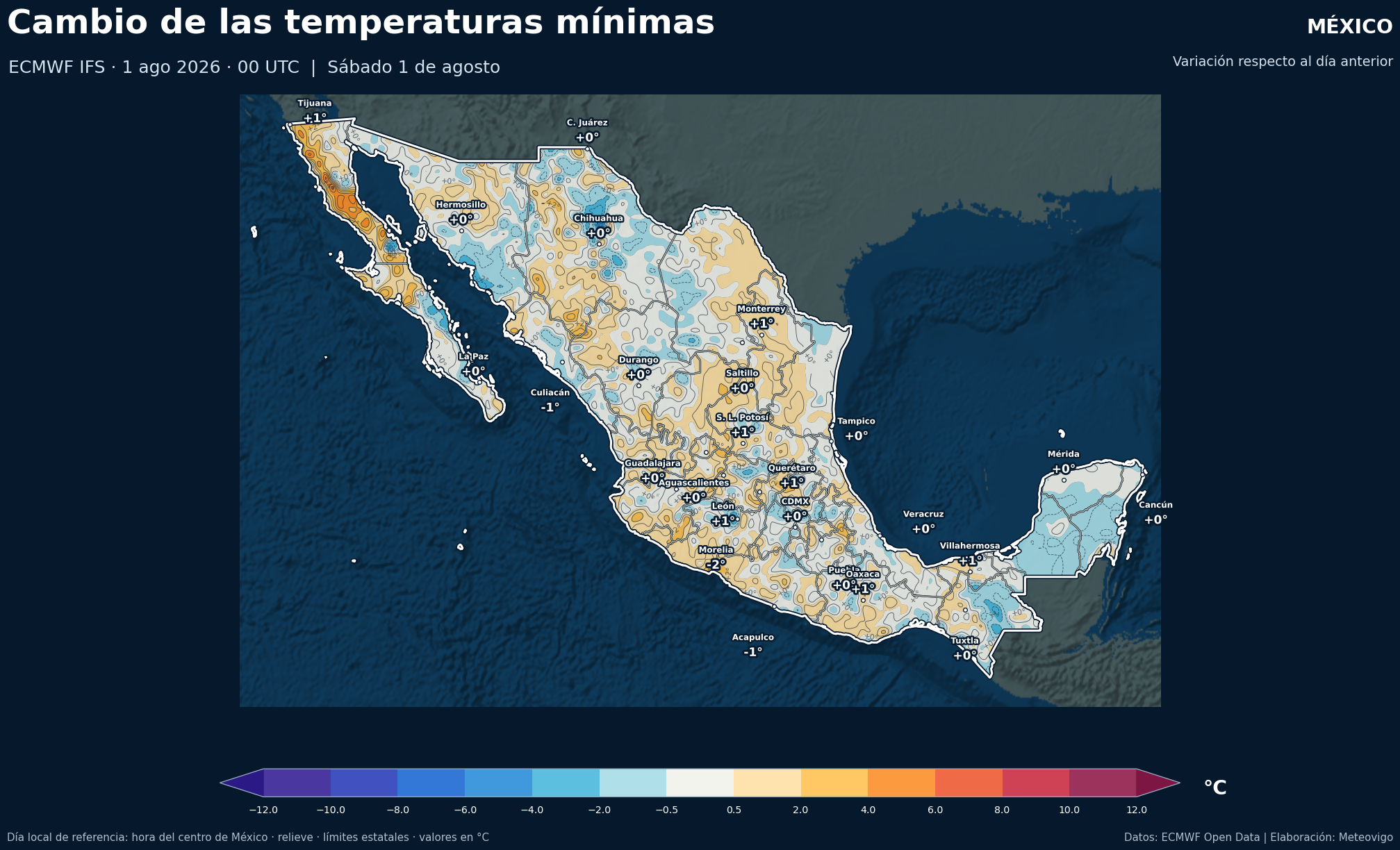 Cambio de las temperaturas m&iacute;nimas respecto al d&iacute;a anterior en M&eacute;xico para el s&aacute;bado 1 de agosto de 2026