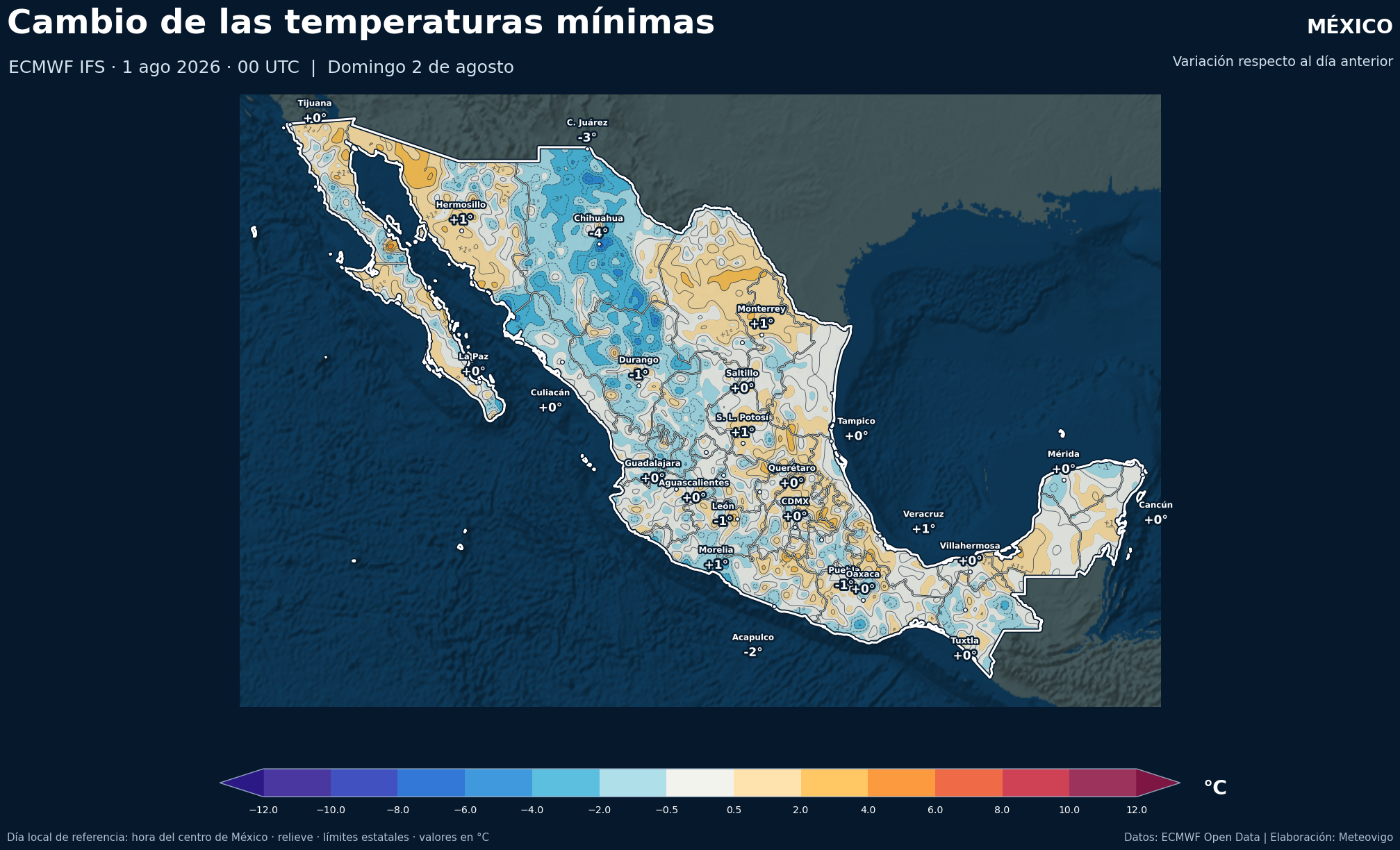 Cambio de las temperaturas m&iacute;nimas respecto al d&iacute;a anterior en M&eacute;xico para el domingo 2 de agosto de 2026