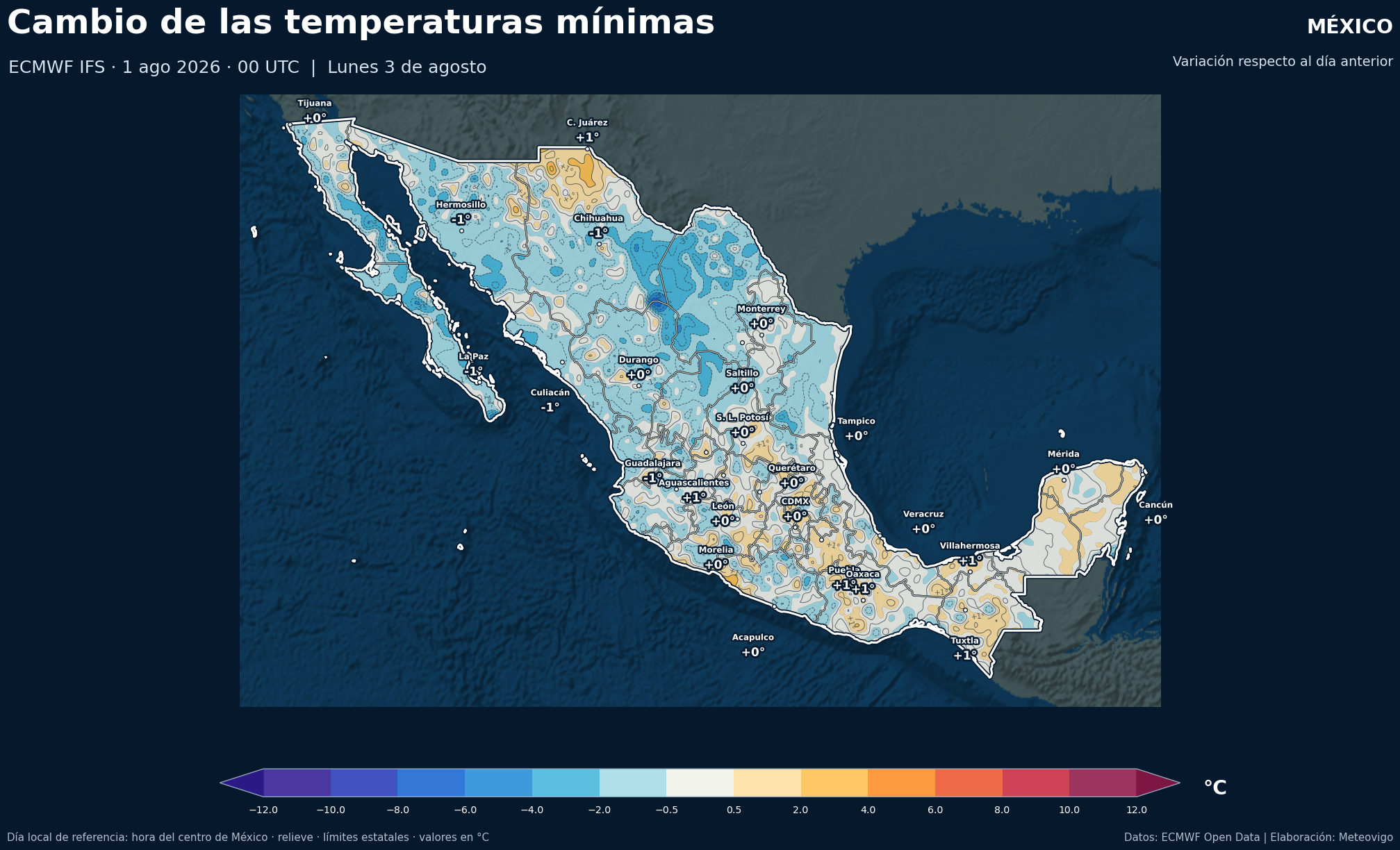 Cambio de las temperaturas m&iacute;nimas respecto al d&iacute;a anterior en M&eacute;xico para el lunes 3 de agosto de 2026