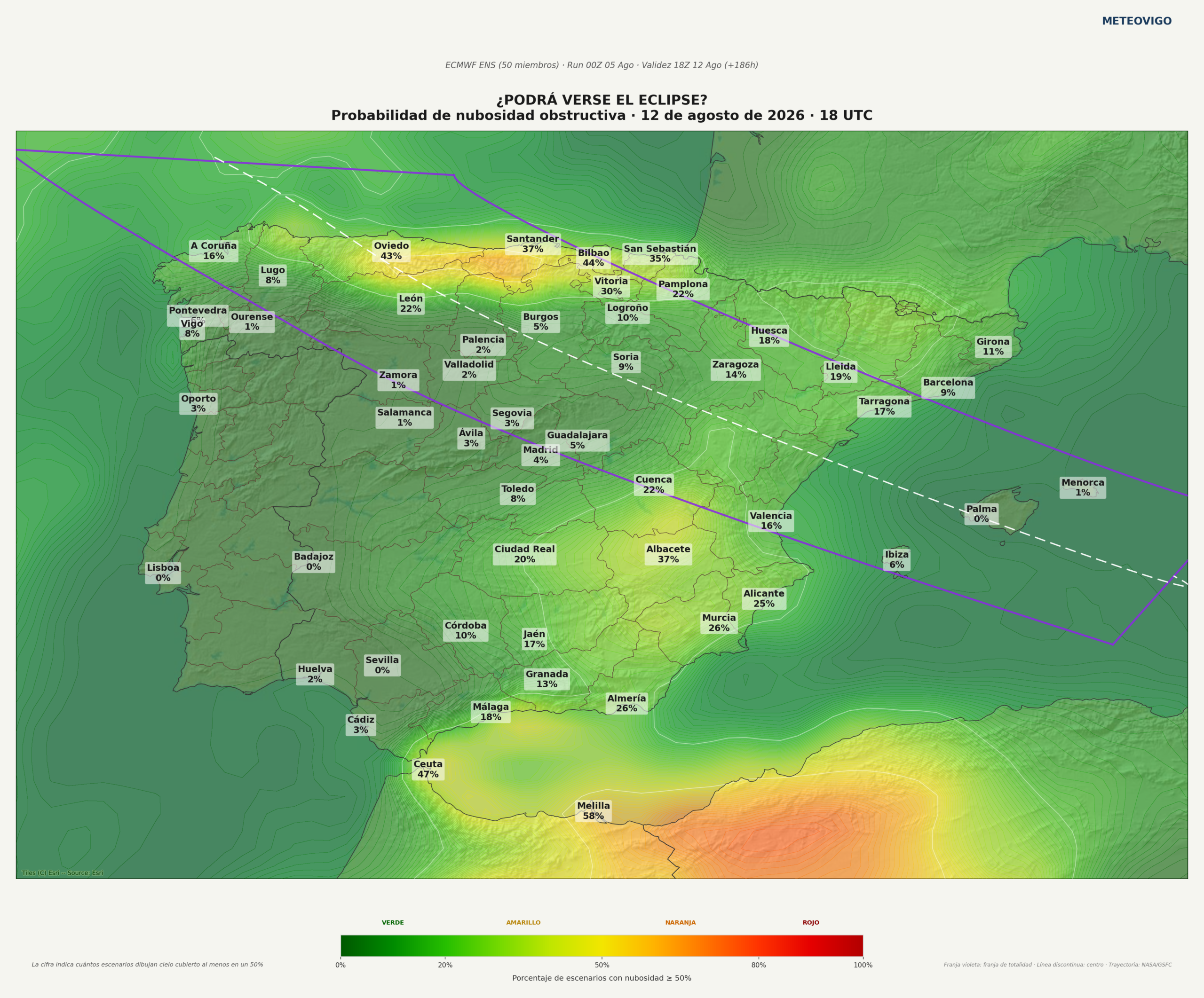 Mapa de probabilidad de nubosidad durante el eclipse solar en España