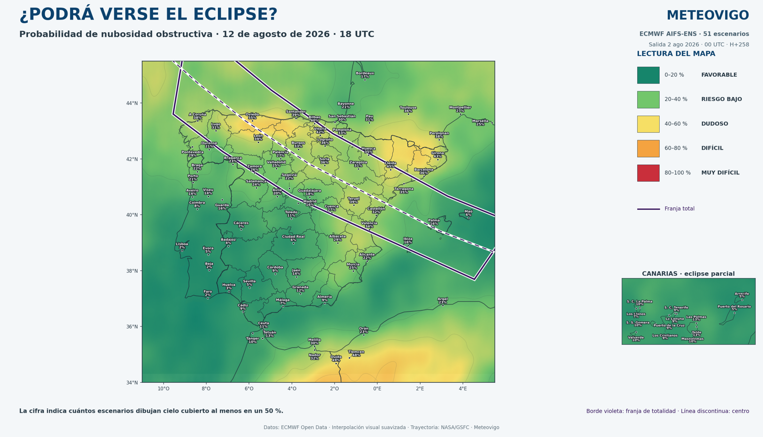 Pronóstico de nubes eclipse de Sol 12 agosto