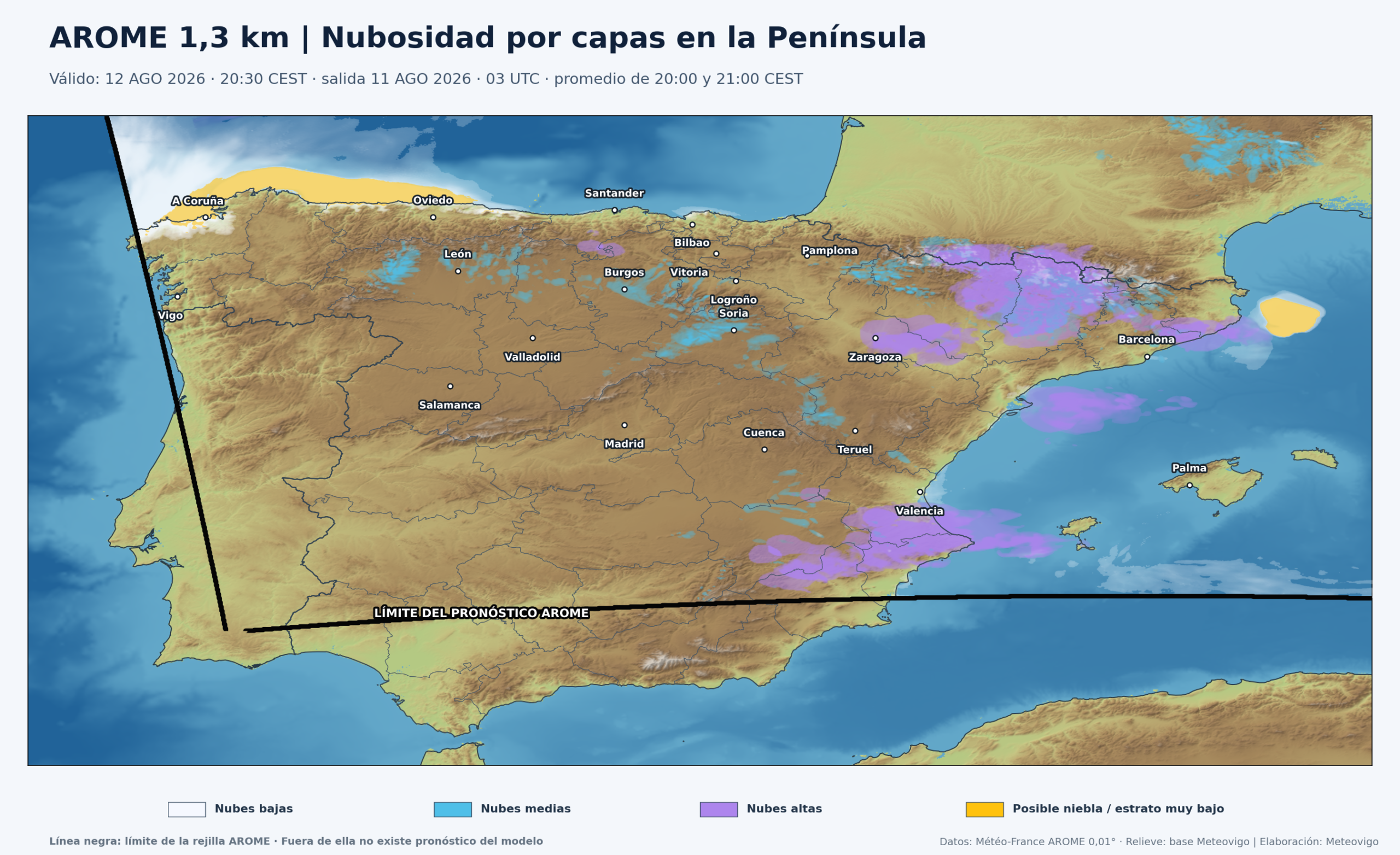 Mapa de nubosidad por capas AROME para el eclipse en la Pen&iacute;nsula